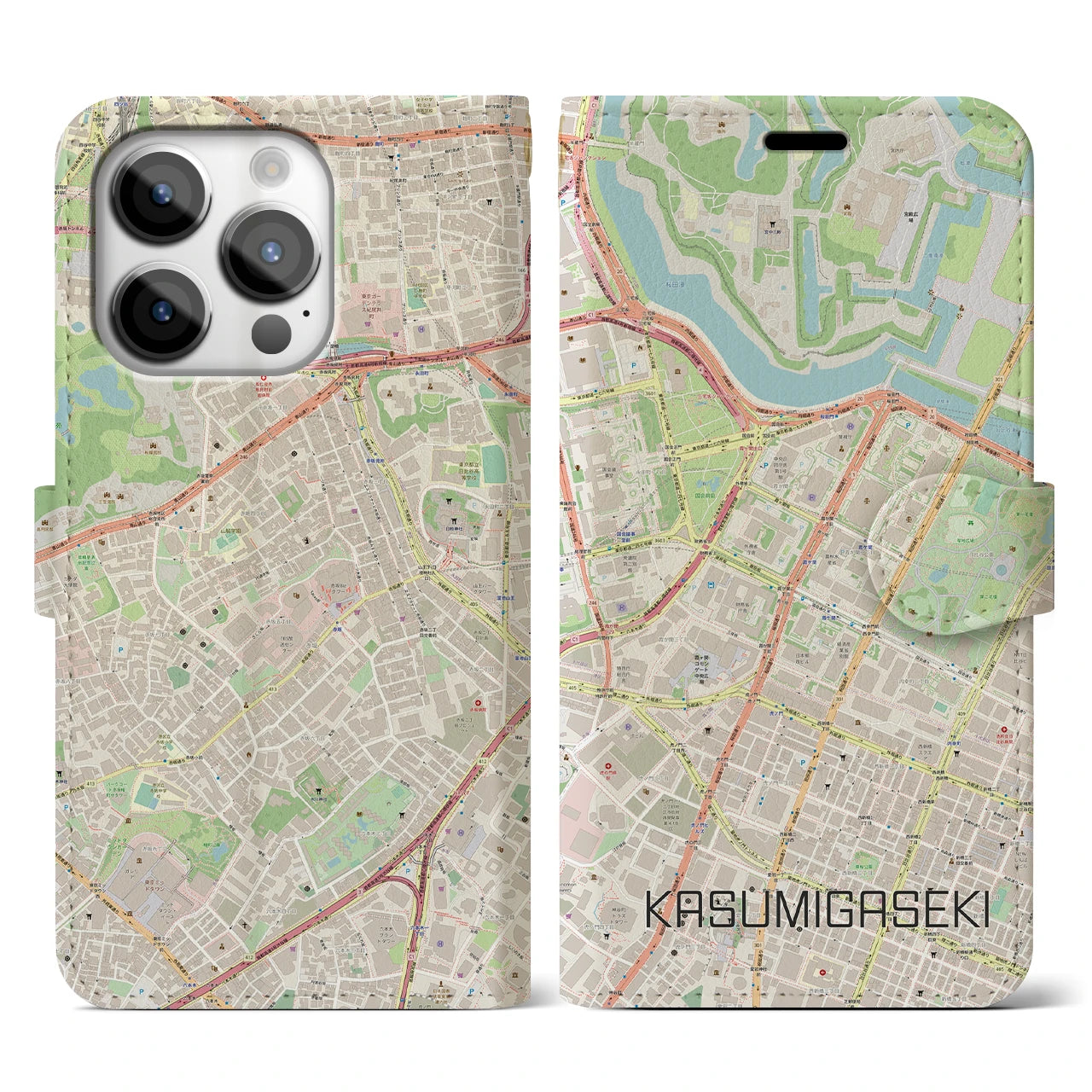 【霞ケ関】地図柄iPhoneケース（手帳両面タイプ・ナチュラル）iPhone 14 Pro 用