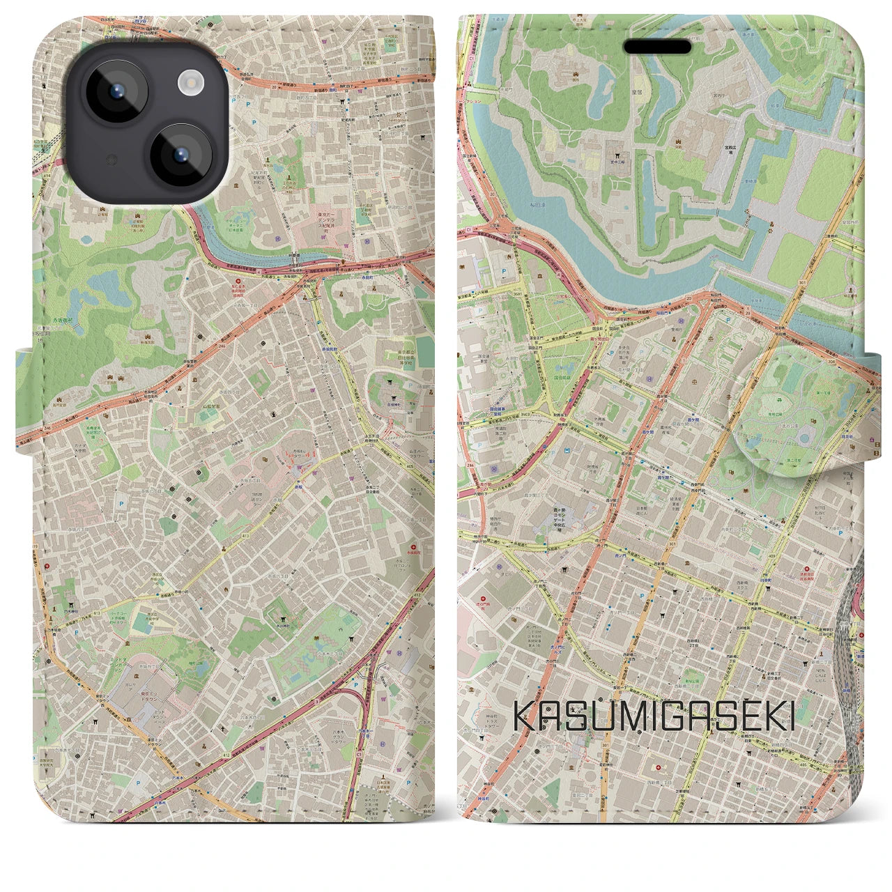 【霞ケ関】地図柄iPhoneケース（手帳両面タイプ・ナチュラル）iPhone 14 Plus 用
