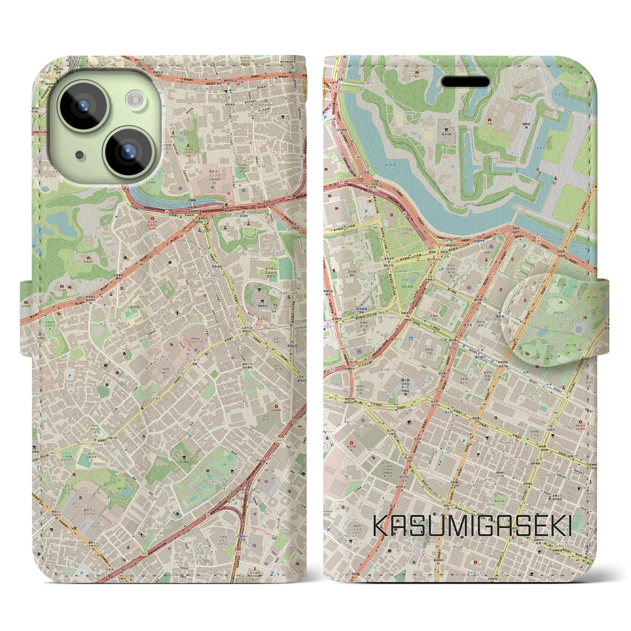 【霞ケ関】地図柄iPhoneケース（手帳両面タイプ・ナチュラル）iPhone 15 用