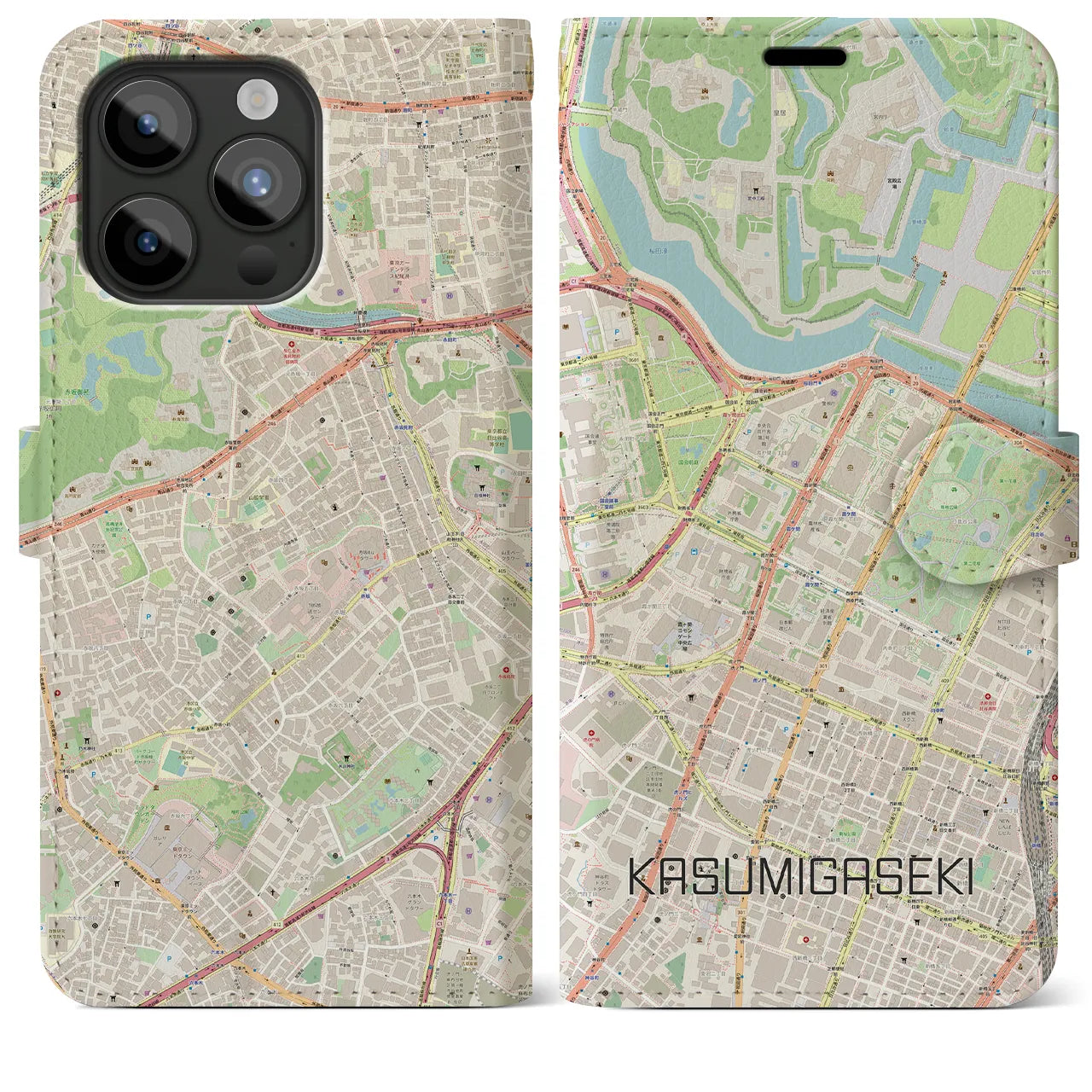 【霞ケ関】地図柄iPhoneケース（手帳両面タイプ・ナチュラル）iPhone 15 Pro Max 用