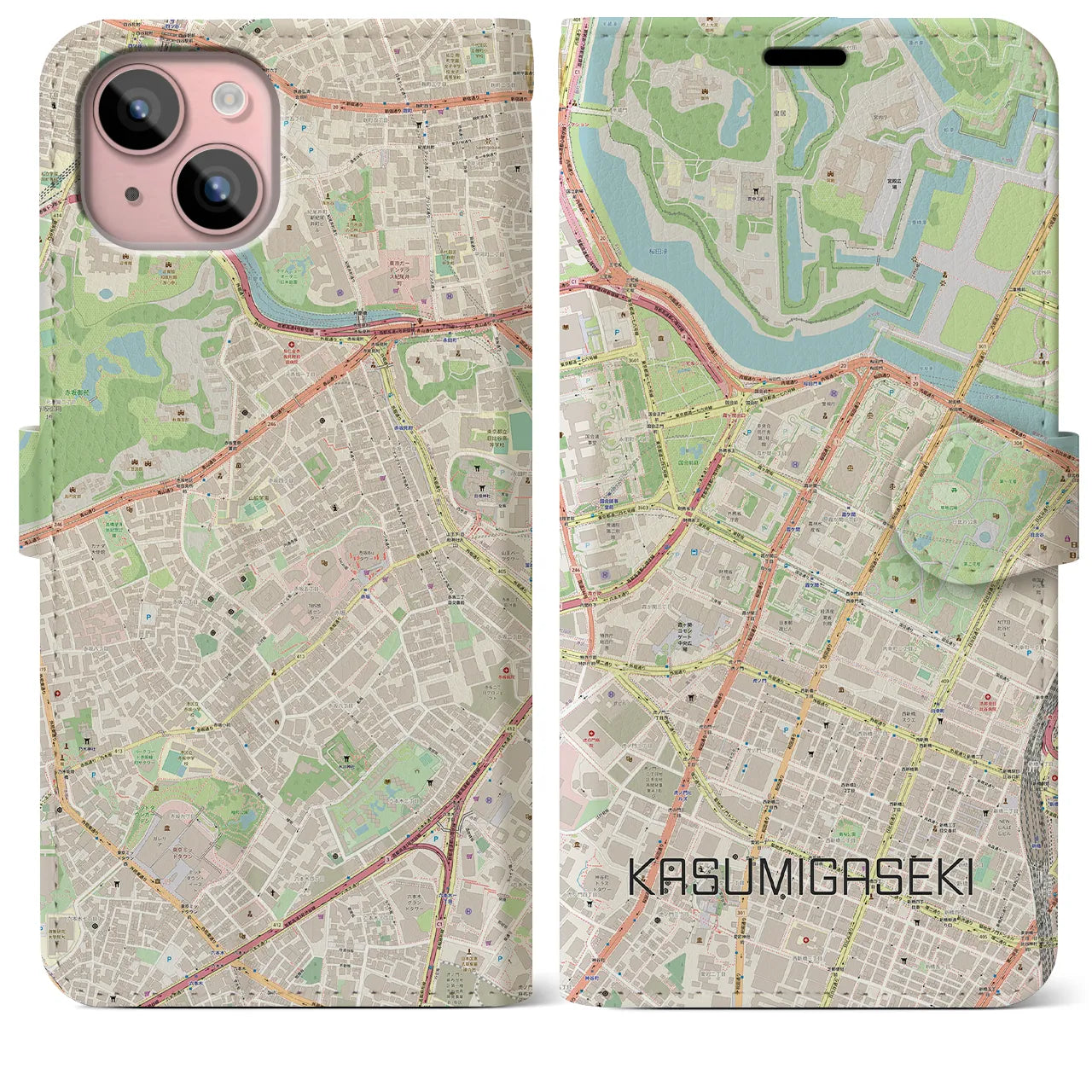 【霞ケ関】地図柄iPhoneケース（手帳両面タイプ・ナチュラル）iPhone 15 Plus 用