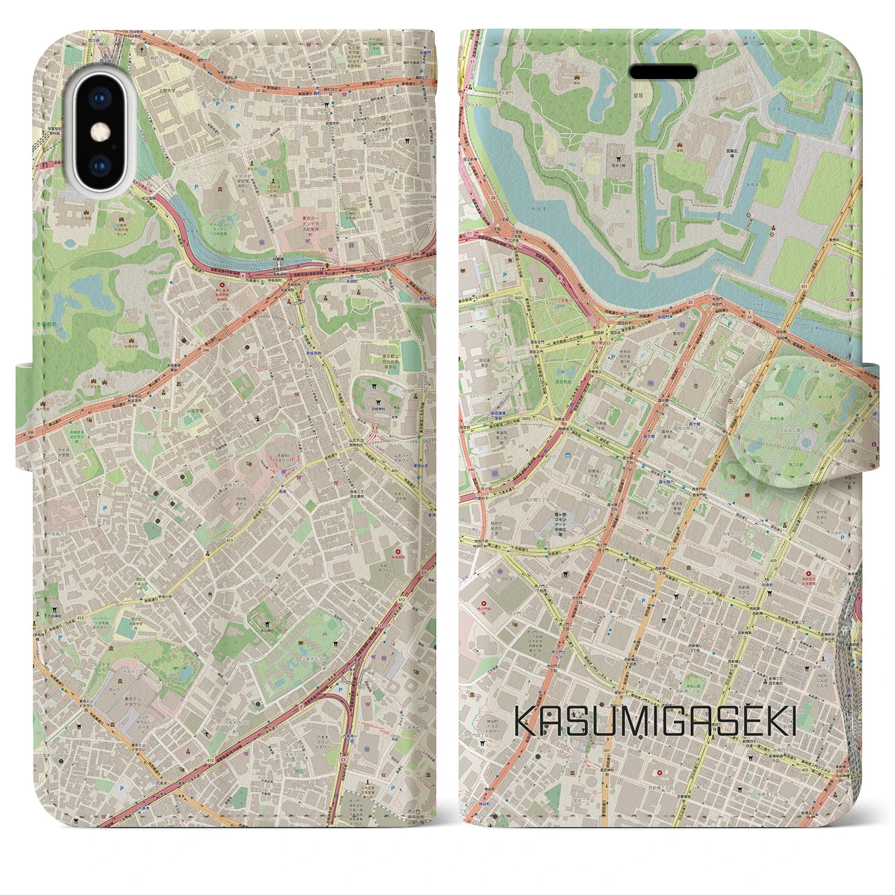 【霞ケ関】地図柄iPhoneケース（手帳両面タイプ・ナチュラル）iPhone XS Max 用
