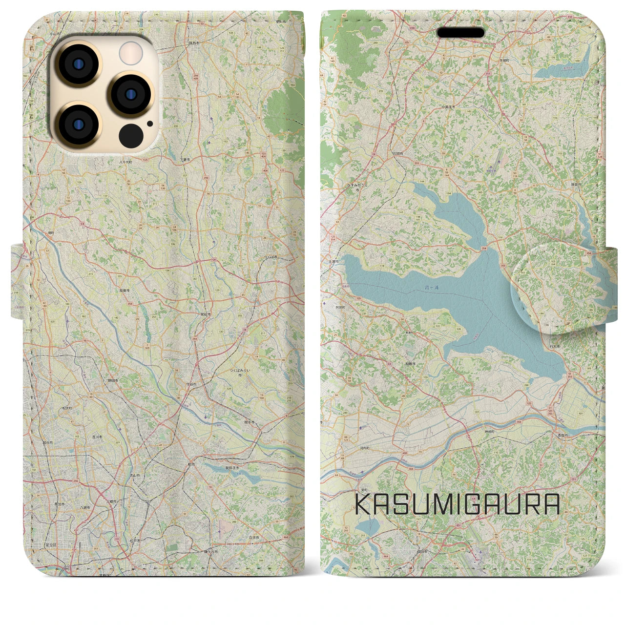 【霞ヶ浦】地図柄iPhoneケース（手帳両面タイプ・ナチュラル）iPhone 12 Pro Max 用