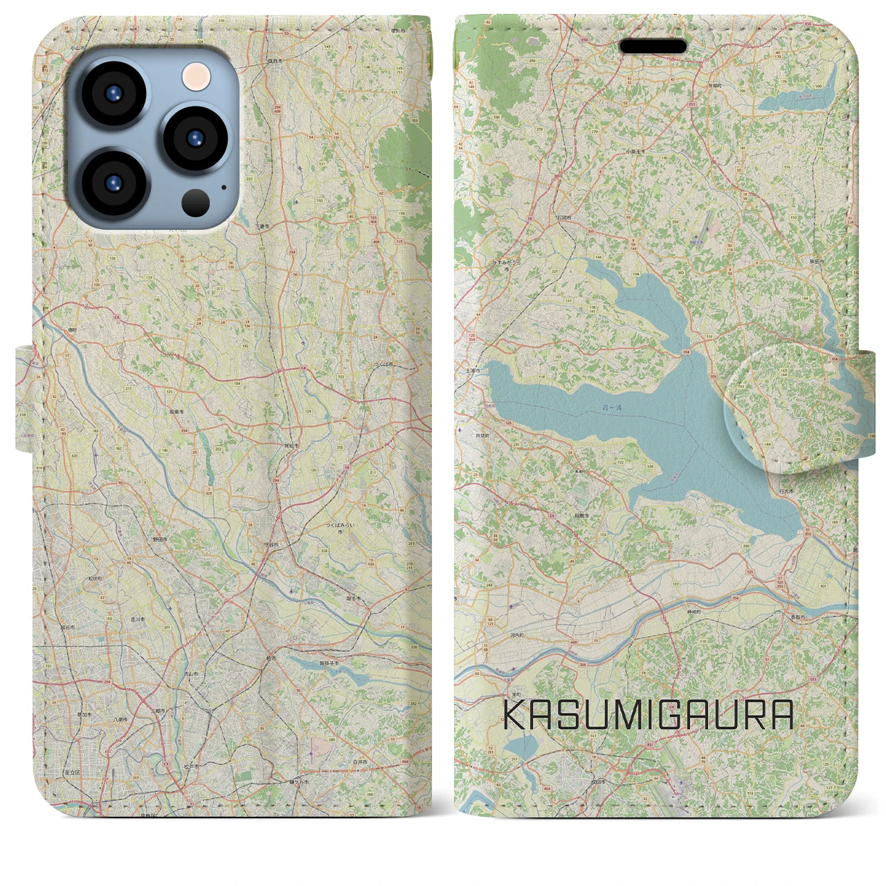 【霞ヶ浦】地図柄iPhoneケース（手帳両面タイプ・ナチュラル）iPhone 13 Pro Max 用