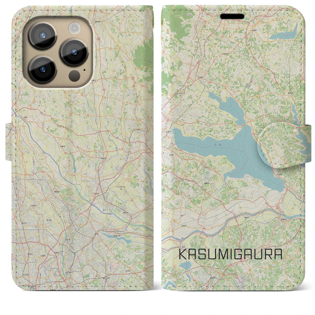 【霞ヶ浦】地図柄iPhoneケース（手帳両面タイプ・ナチュラル）iPhone 14 Pro Max 用