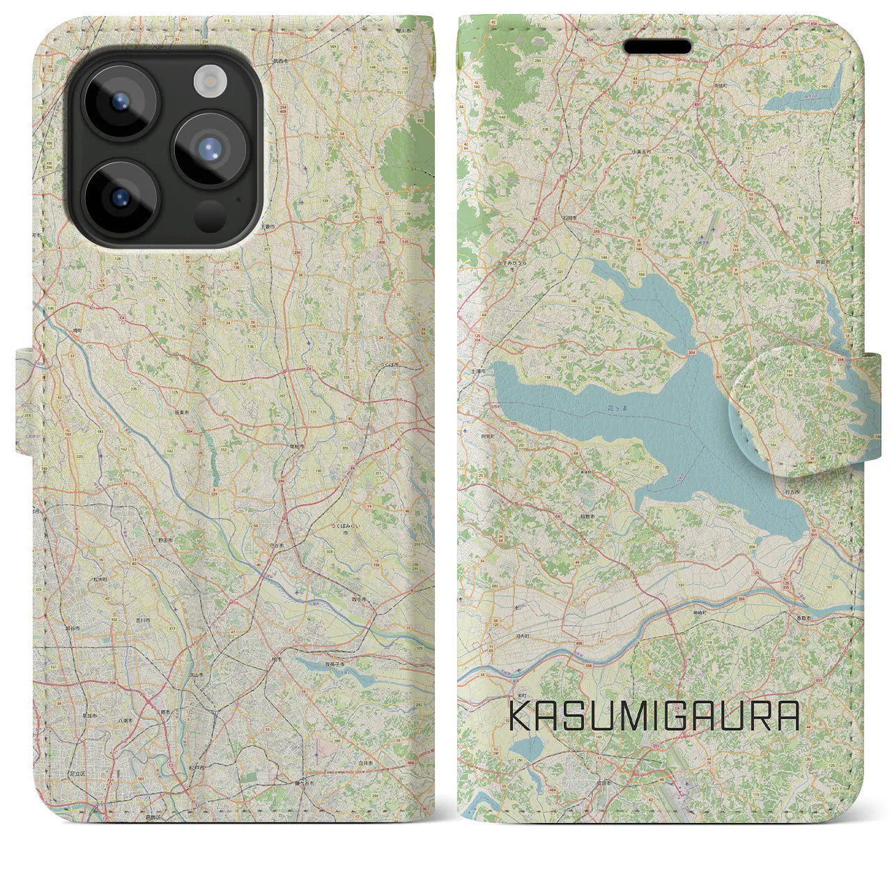 【霞ヶ浦】地図柄iPhoneケース（手帳両面タイプ・ナチュラル）iPhone 15 Pro Max 用