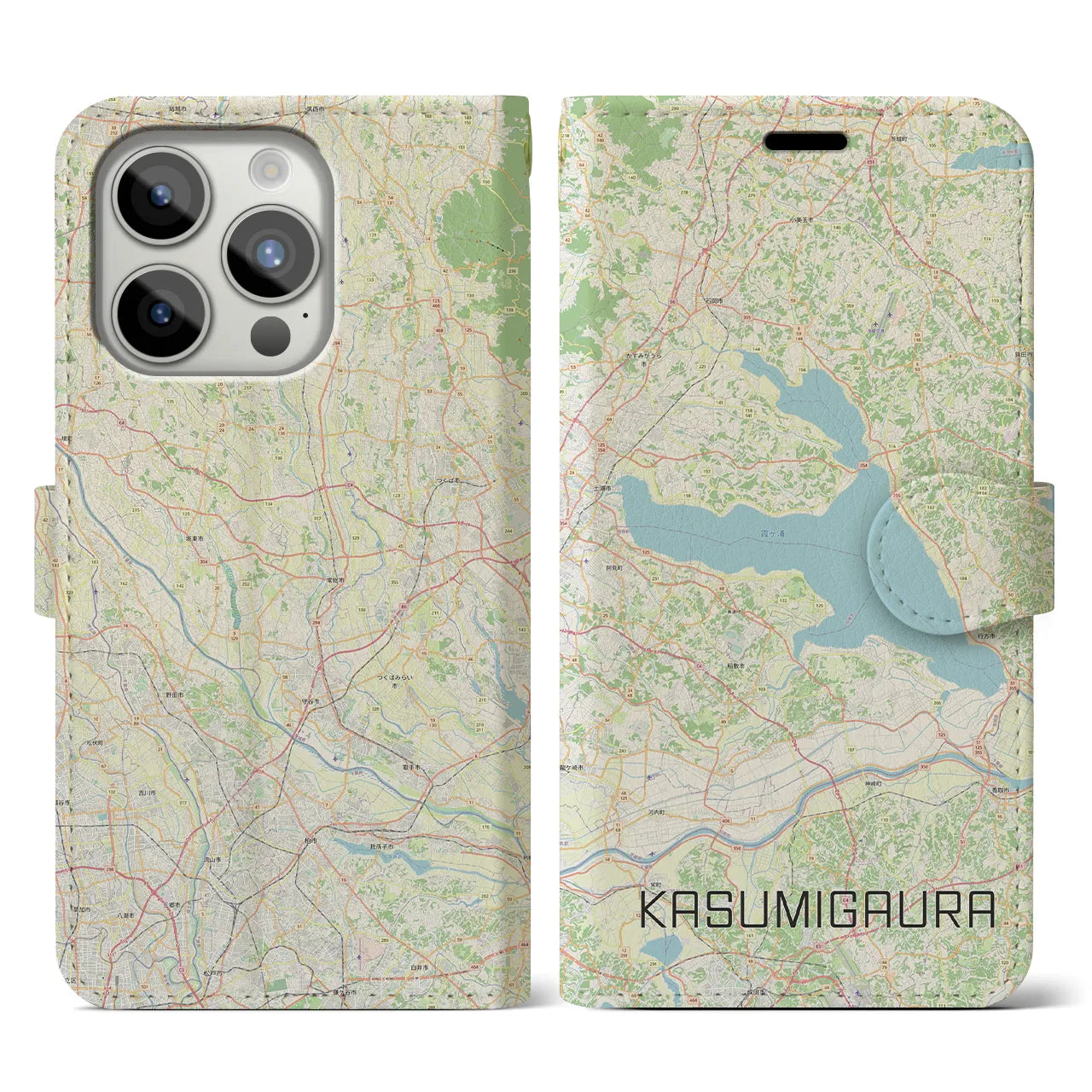 【霞ヶ浦】地図柄iPhoneケース（手帳両面タイプ・ナチュラル）iPhone 15 Pro 用