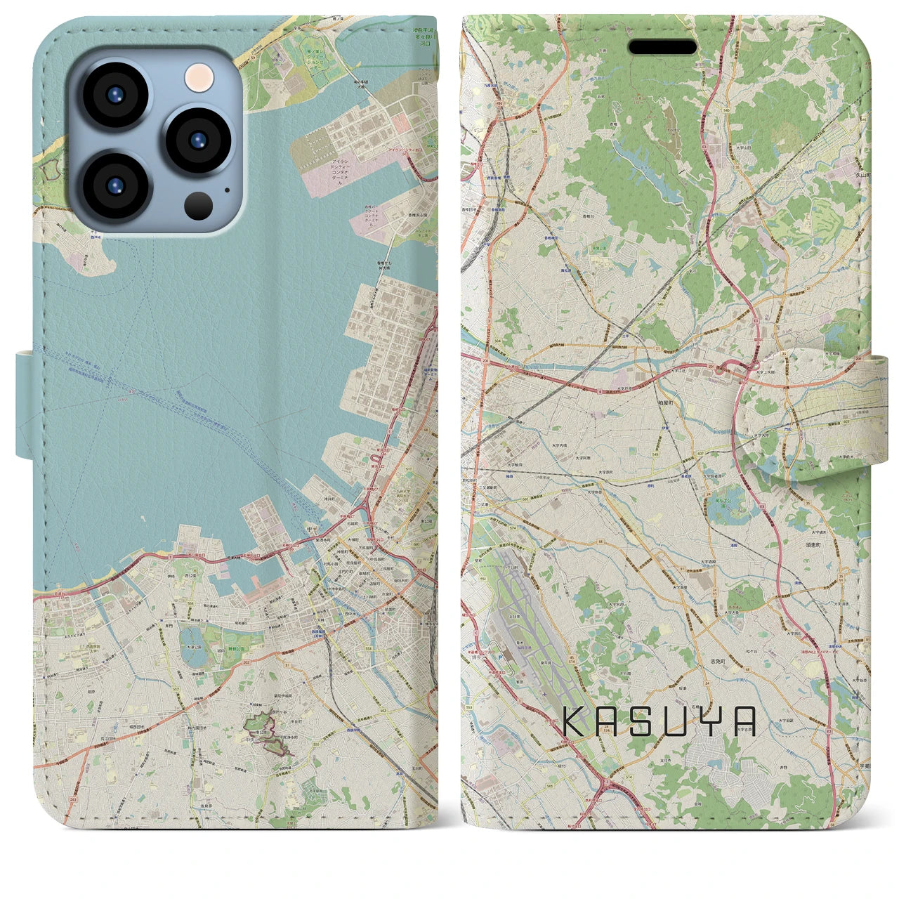 【粕屋】地図柄iPhoneケース（手帳両面タイプ・ナチュラル）iPhone 13 Pro Max 用