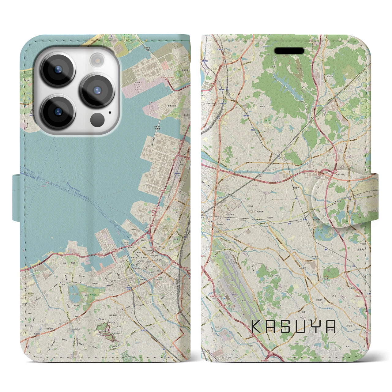 【粕屋】地図柄iPhoneケース（手帳両面タイプ・ナチュラル）iPhone 14 Pro 用