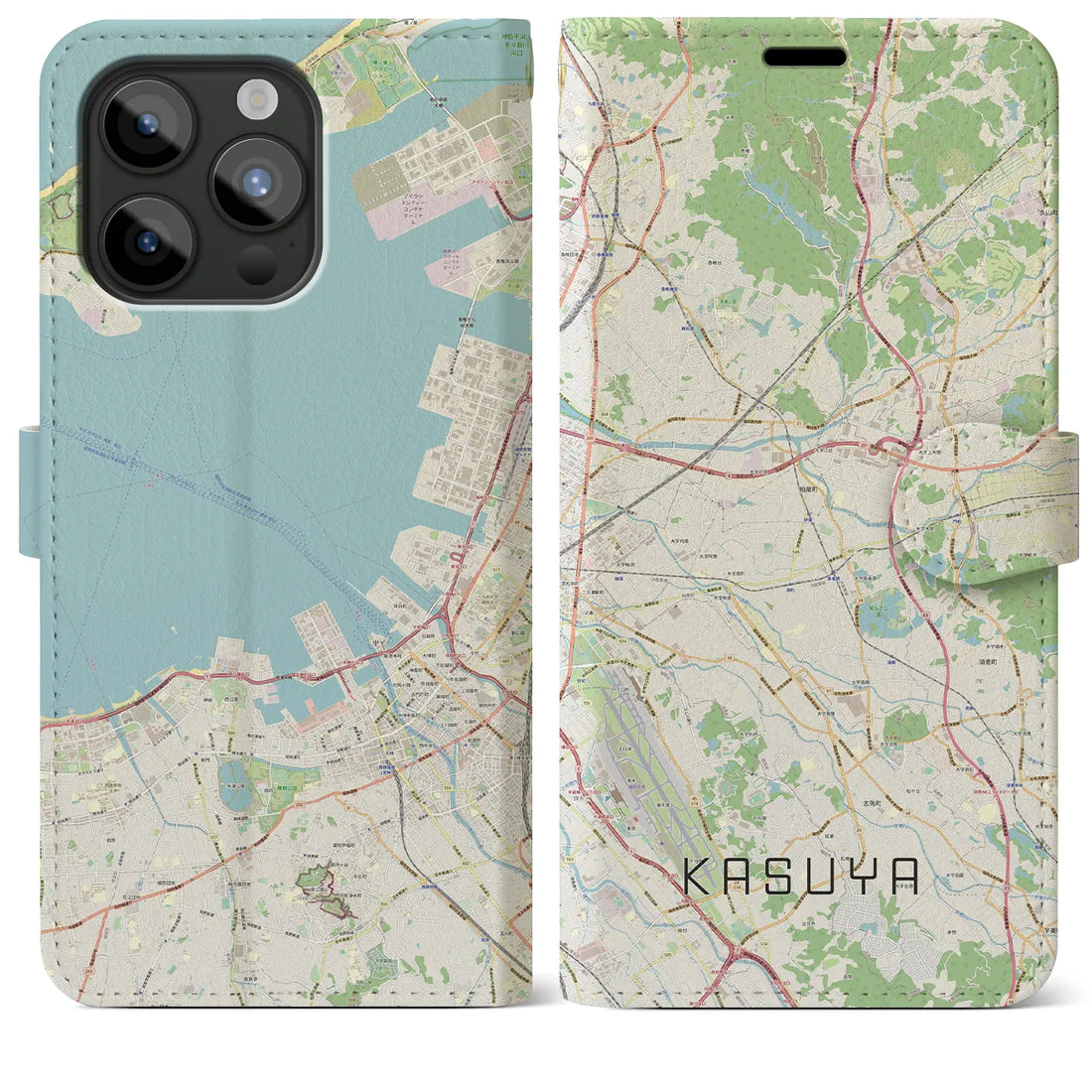 【粕屋】地図柄iPhoneケース（手帳両面タイプ・ナチュラル）iPhone 15 Pro Max 用