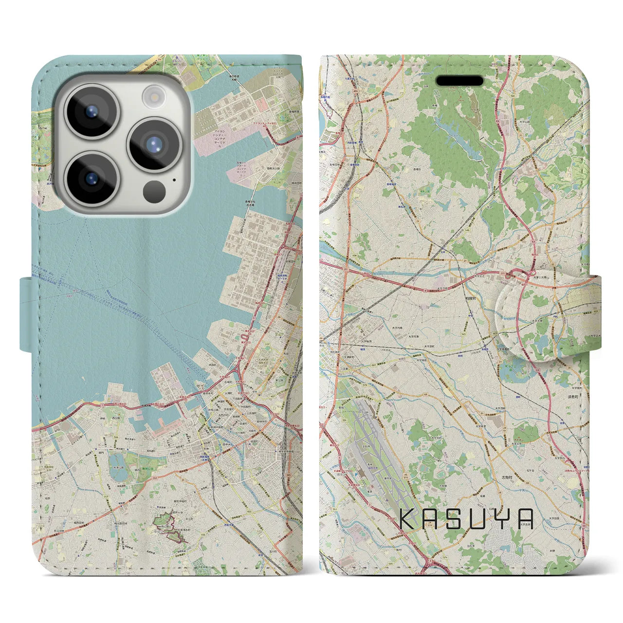 【粕屋】地図柄iPhoneケース（手帳両面タイプ・ナチュラル）iPhone 15 Pro 用