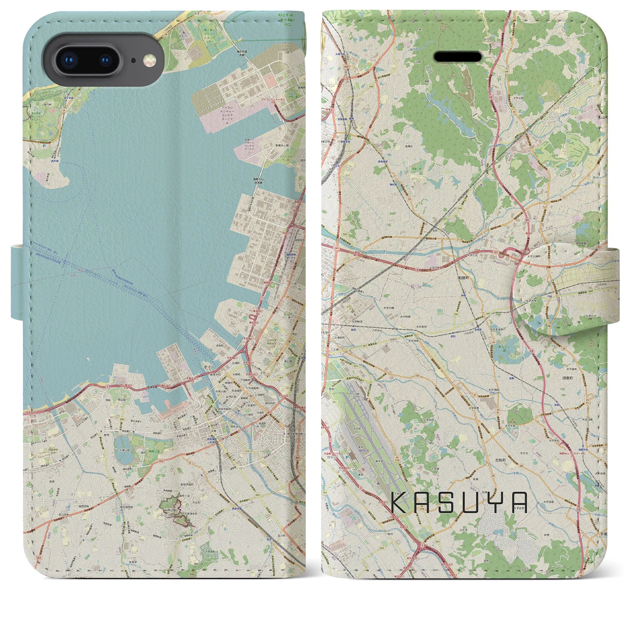 【粕屋】地図柄iPhoneケース（手帳両面タイプ・ナチュラル）iPhone 8Plus /7Plus / 6sPlus / 6Plus 用