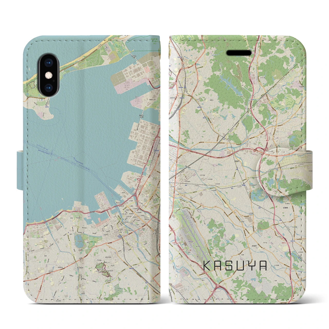 【粕屋】地図柄iPhoneケース（手帳両面タイプ・ナチュラル）iPhone XS / X 用