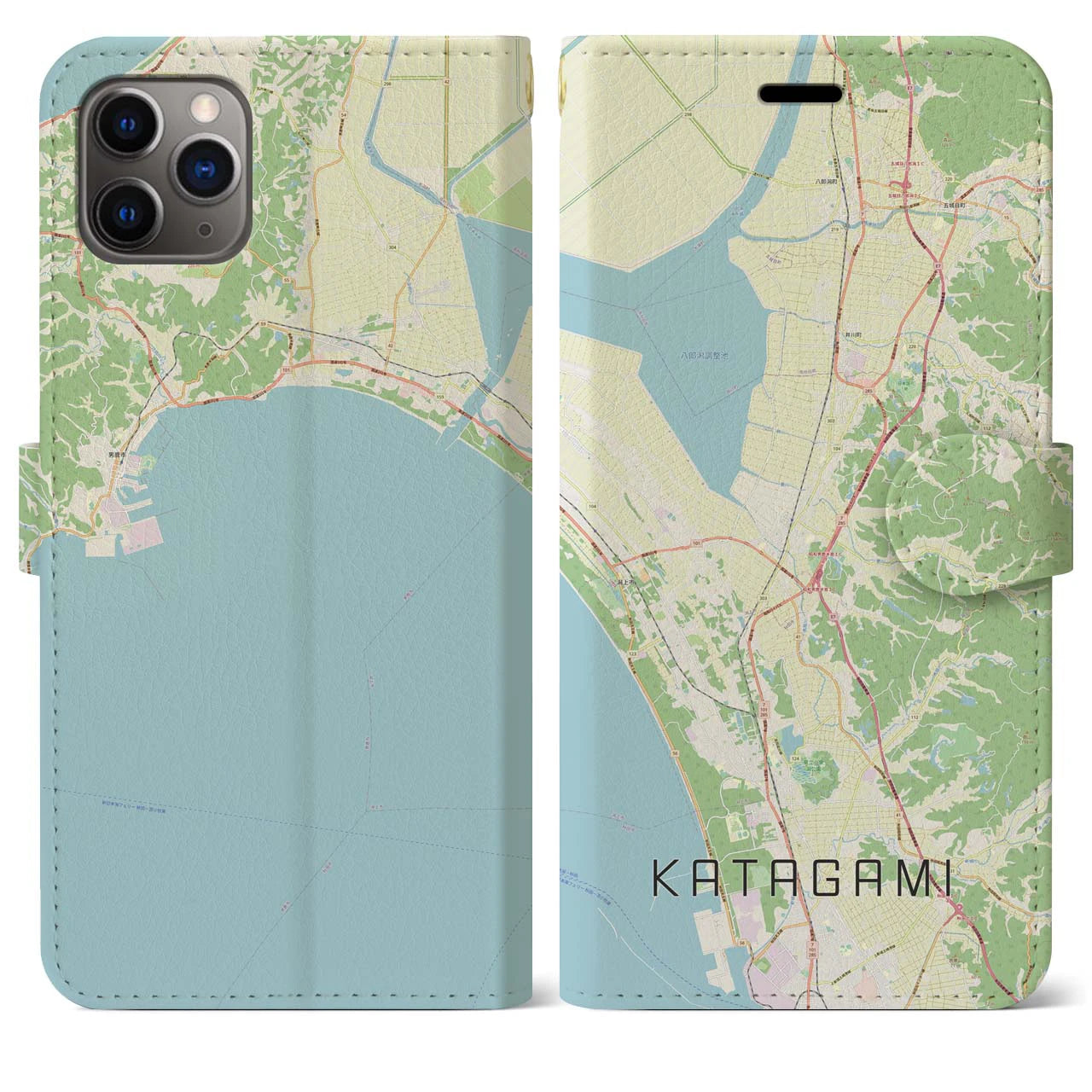 【潟上】地図柄iPhoneケース（手帳両面タイプ・ナチュラル）iPhone 11 Pro Max 用