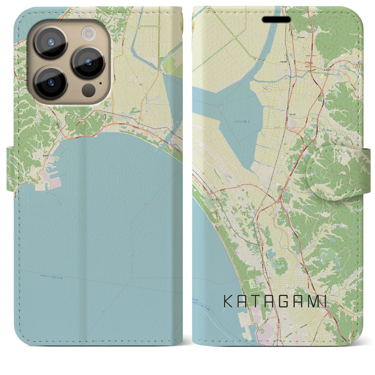 【潟上】地図柄iPhoneケース（手帳両面タイプ・ナチュラル）iPhone 14 Pro Max 用