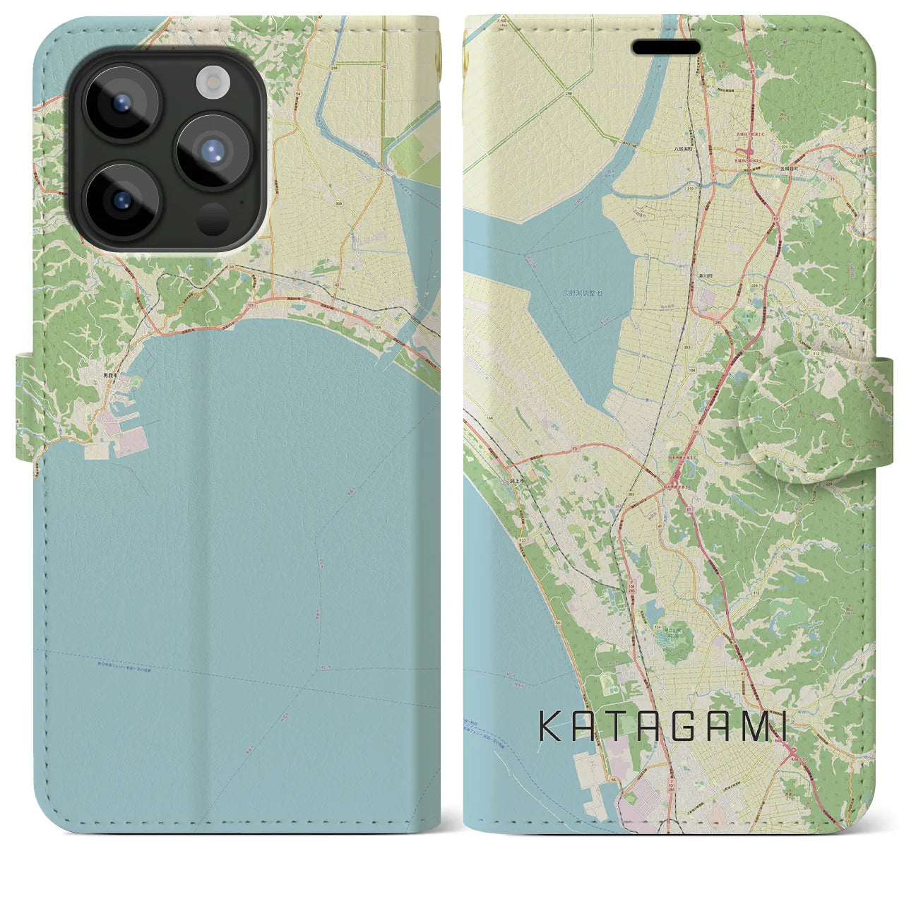 【潟上】地図柄iPhoneケース（手帳両面タイプ・ナチュラル）iPhone 15 Pro Max 用