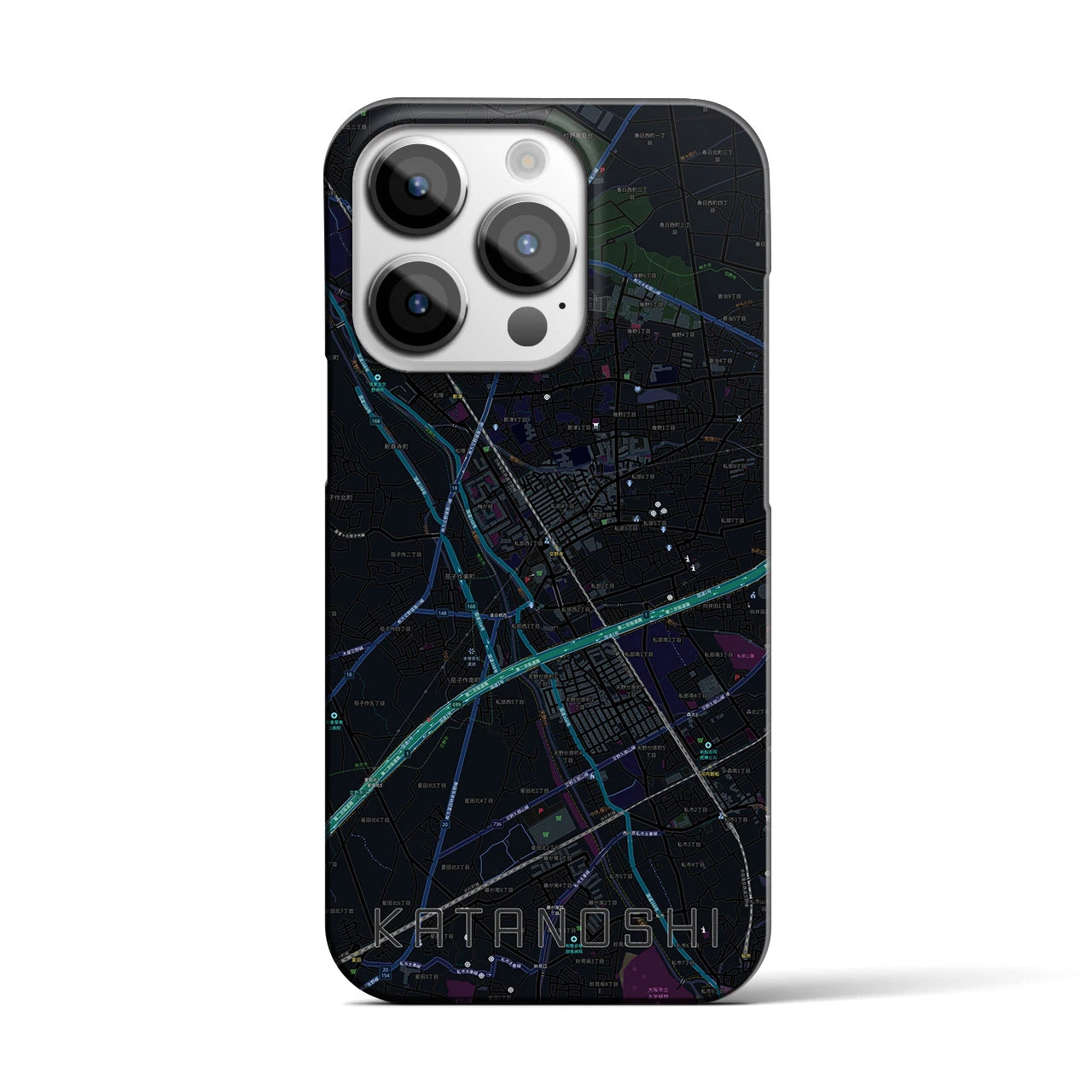 【交野市】地図柄iPhoneケース（バックカバータイプ・ブラック）iPhone 14 Pro 用