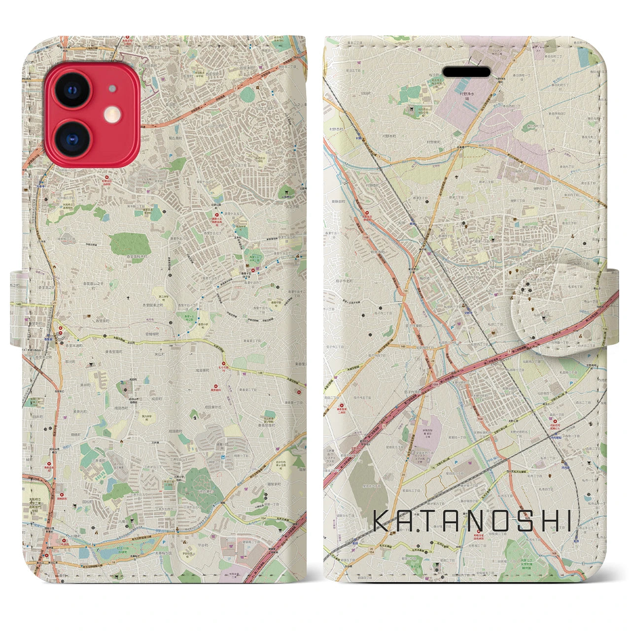 【交野市】地図柄iPhoneケース（手帳両面タイプ・ナチュラル）iPhone 11 用
