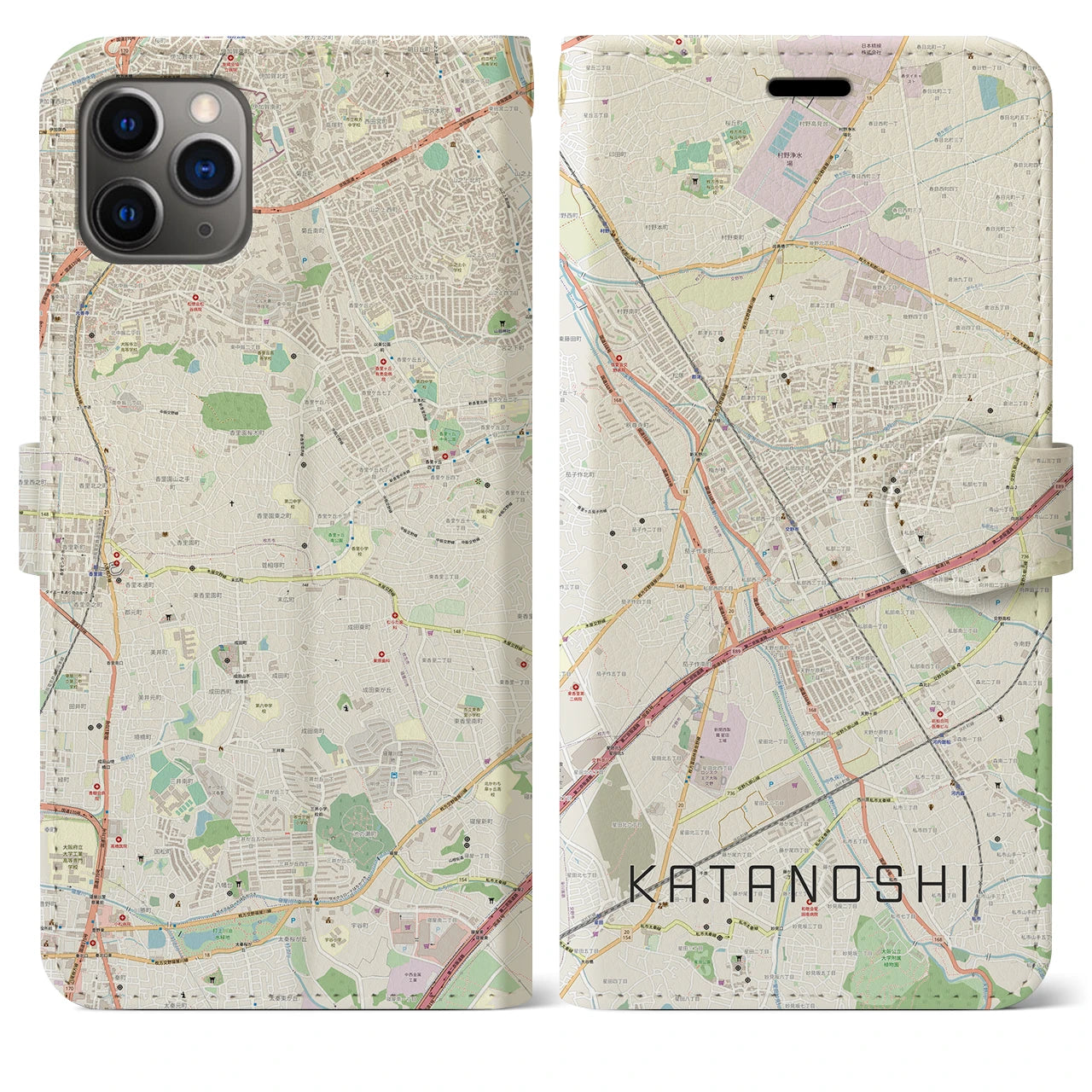 【交野市】地図柄iPhoneケース（手帳両面タイプ・ナチュラル）iPhone 11 Pro Max 用