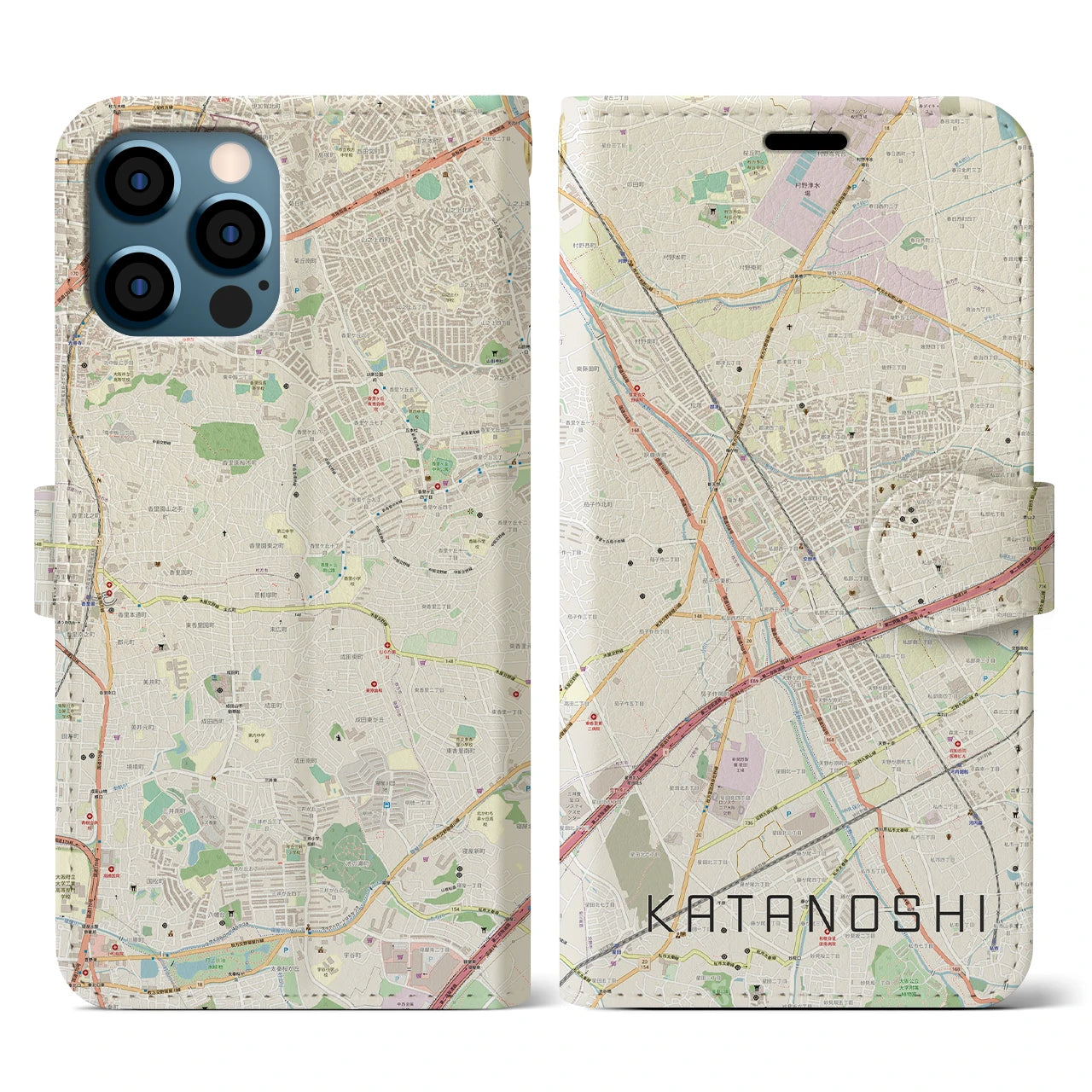 【交野市】地図柄iPhoneケース（手帳両面タイプ・ナチュラル）iPhone 12 / 12 Pro 用