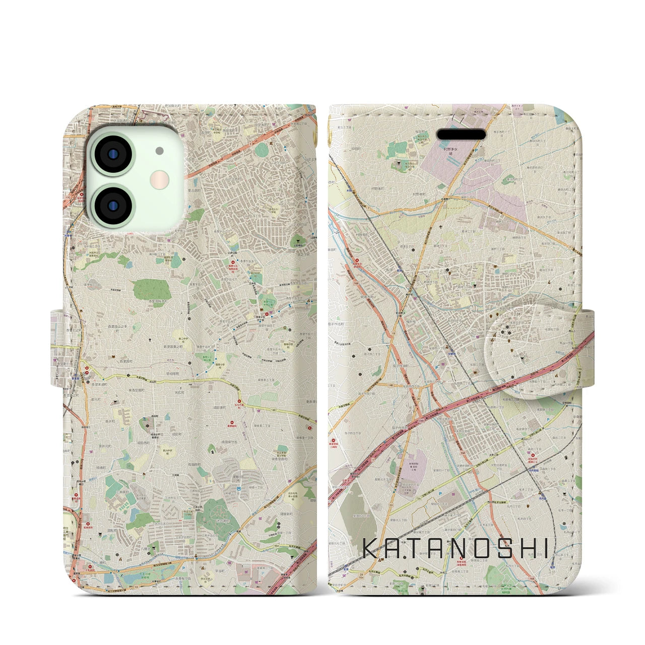 【交野市】地図柄iPhoneケース（手帳両面タイプ・ナチュラル）iPhone 12 mini 用