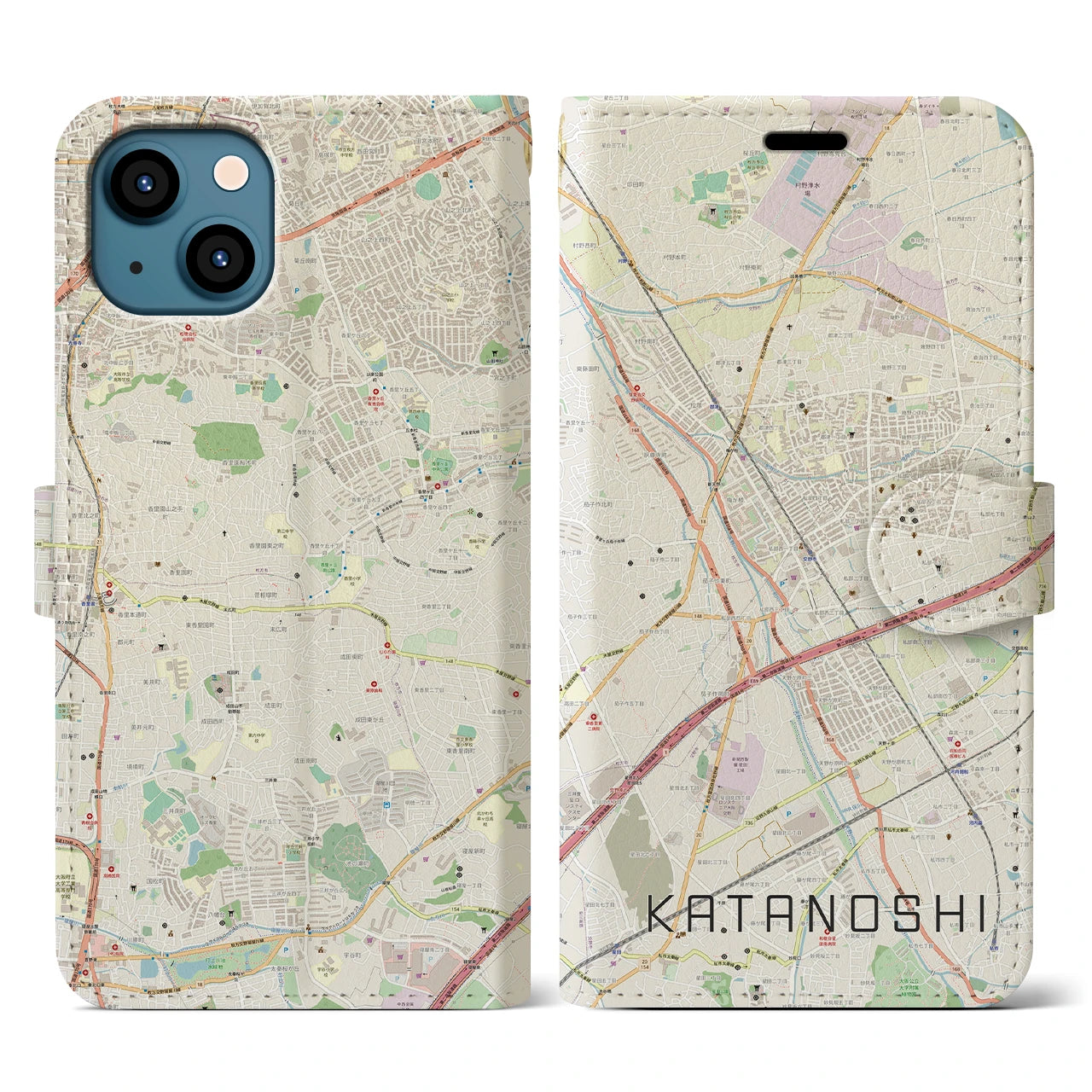 【交野市】地図柄iPhoneケース（手帳両面タイプ・ナチュラル）iPhone 13 用