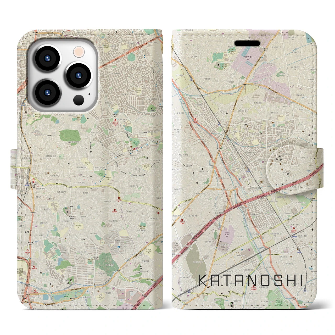 【交野市】地図柄iPhoneケース（手帳両面タイプ・ナチュラル）iPhone 13 Pro 用