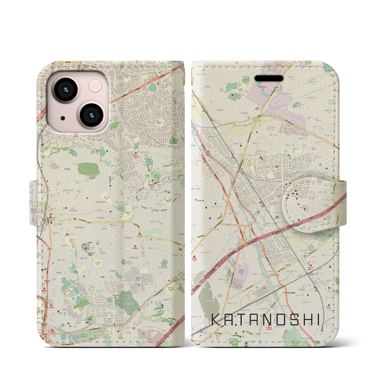 【交野市】地図柄iPhoneケース（手帳両面タイプ・ナチュラル）iPhone 13 mini 用