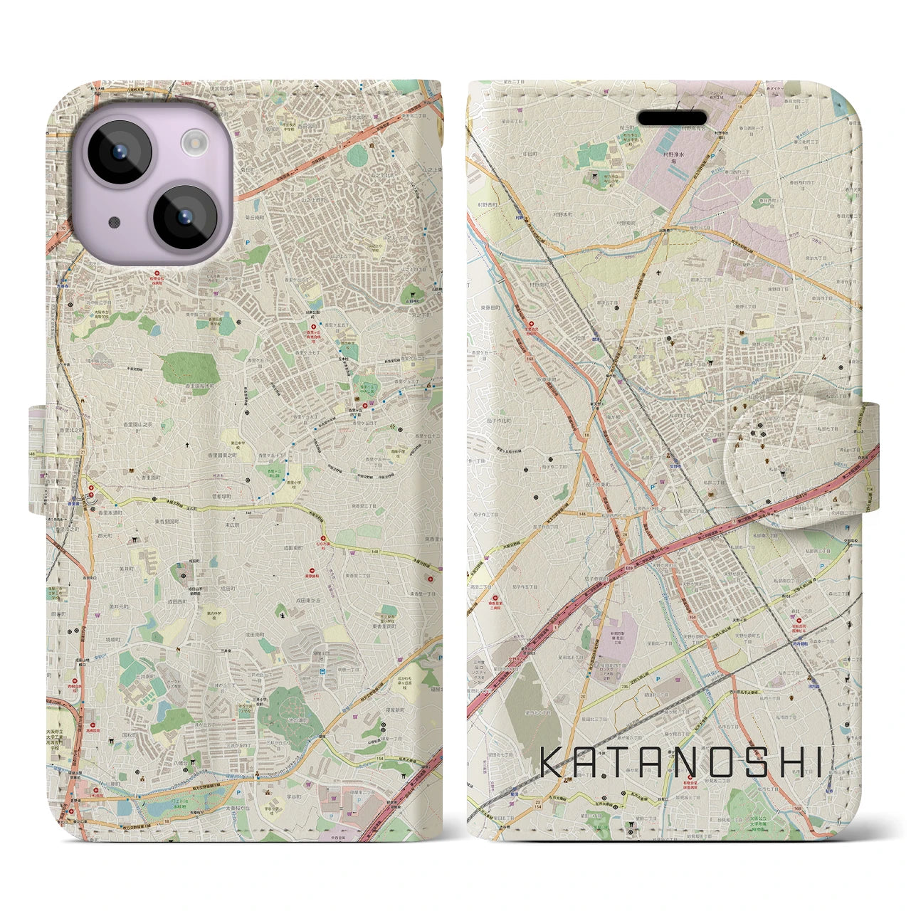 【交野市】地図柄iPhoneケース（手帳両面タイプ・ナチュラル）iPhone 14 用