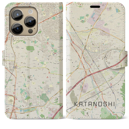 【交野市（大阪府）】地図柄iPhoneケース（手帳タイプ）ナチュラル・iPhone 14 Pro Max 用