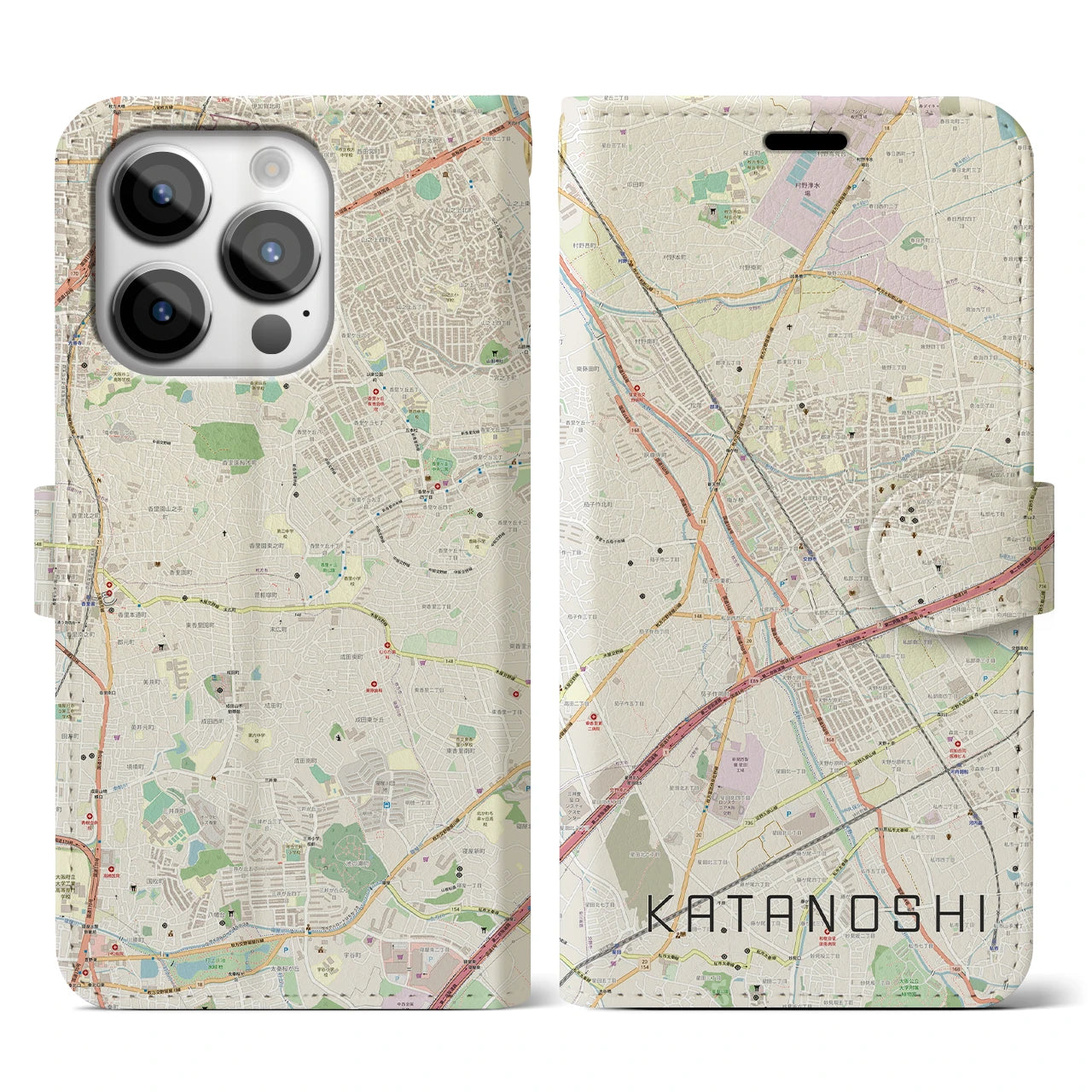 【交野市】地図柄iPhoneケース（手帳両面タイプ・ナチュラル）iPhone 14 Pro 用