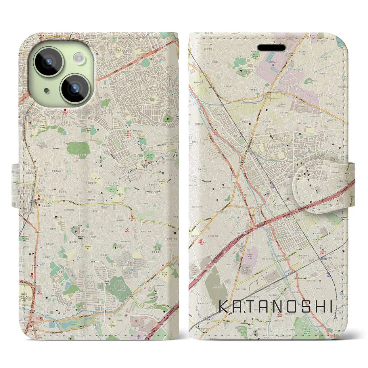 【交野市】地図柄iPhoneケース（手帳両面タイプ・ナチュラル）iPhone 15 用