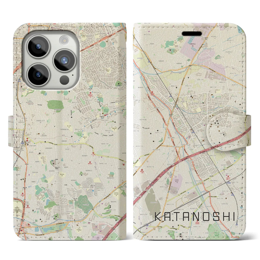【交野市】地図柄iPhoneケース（手帳両面タイプ・ナチュラル）iPhone 15 Pro 用