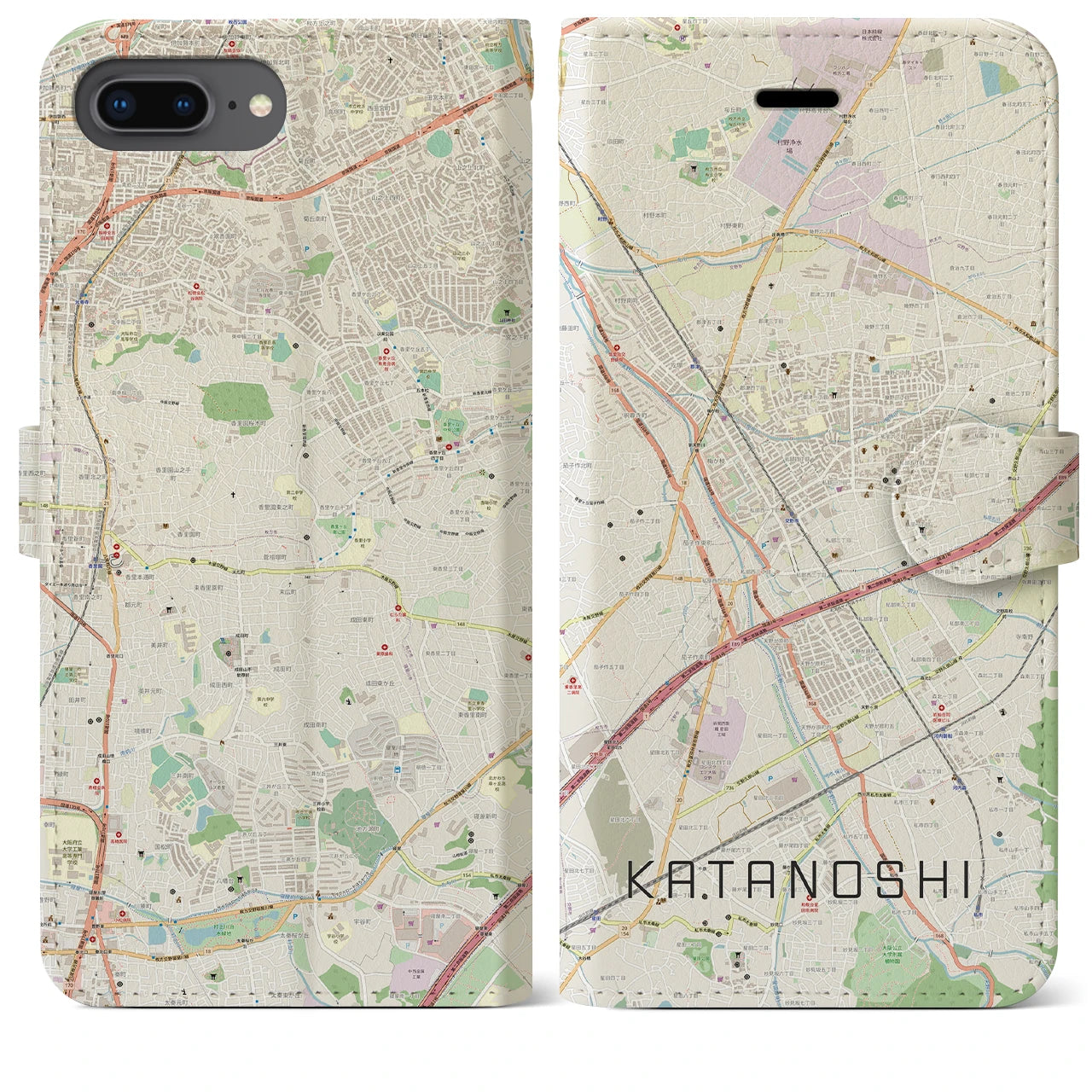 【交野市】地図柄iPhoneケース（手帳両面タイプ・ナチュラル）iPhone 8Plus /7Plus / 6sPlus / 6Plus 用