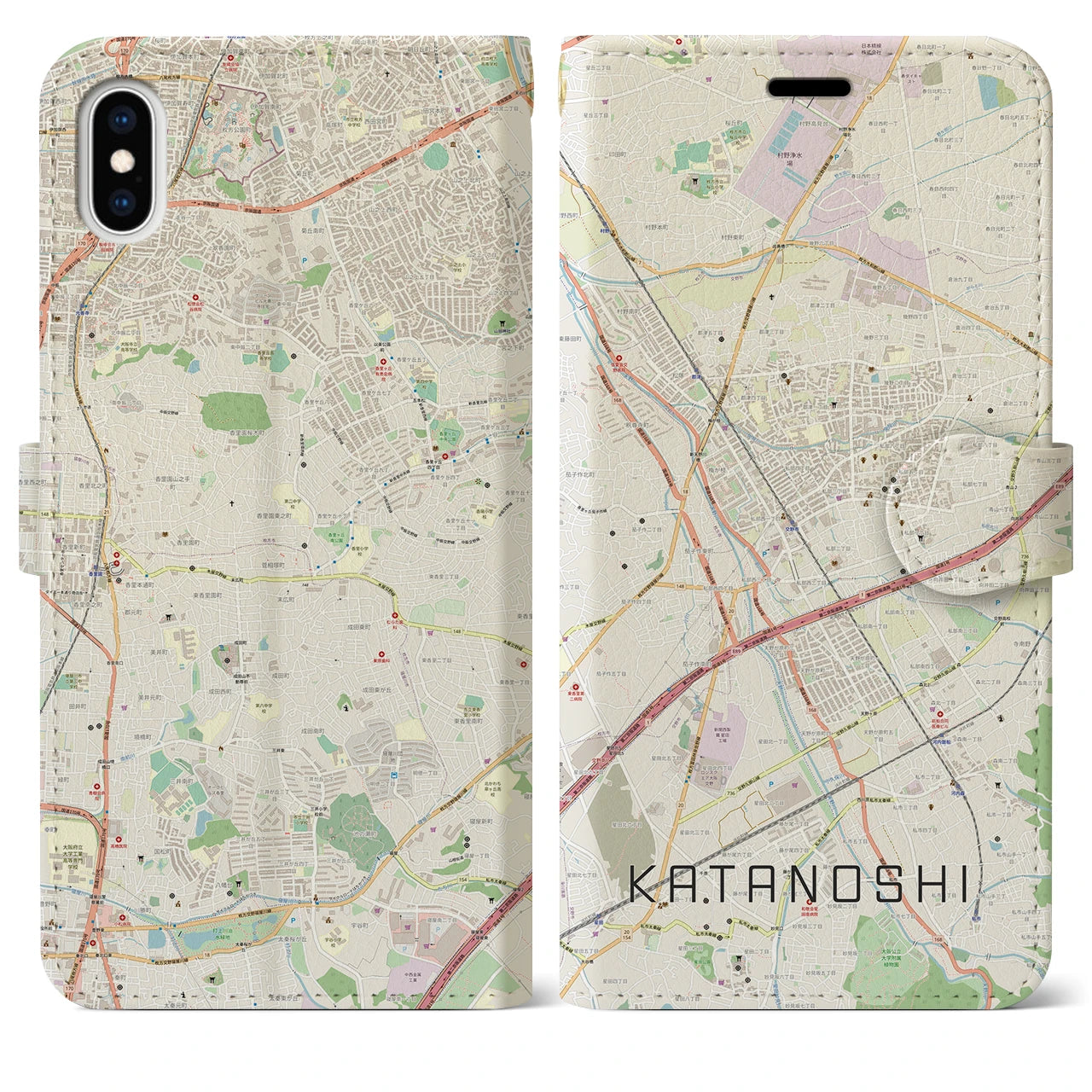 【交野市】地図柄iPhoneケース（手帳両面タイプ・ナチュラル）iPhone XS Max 用