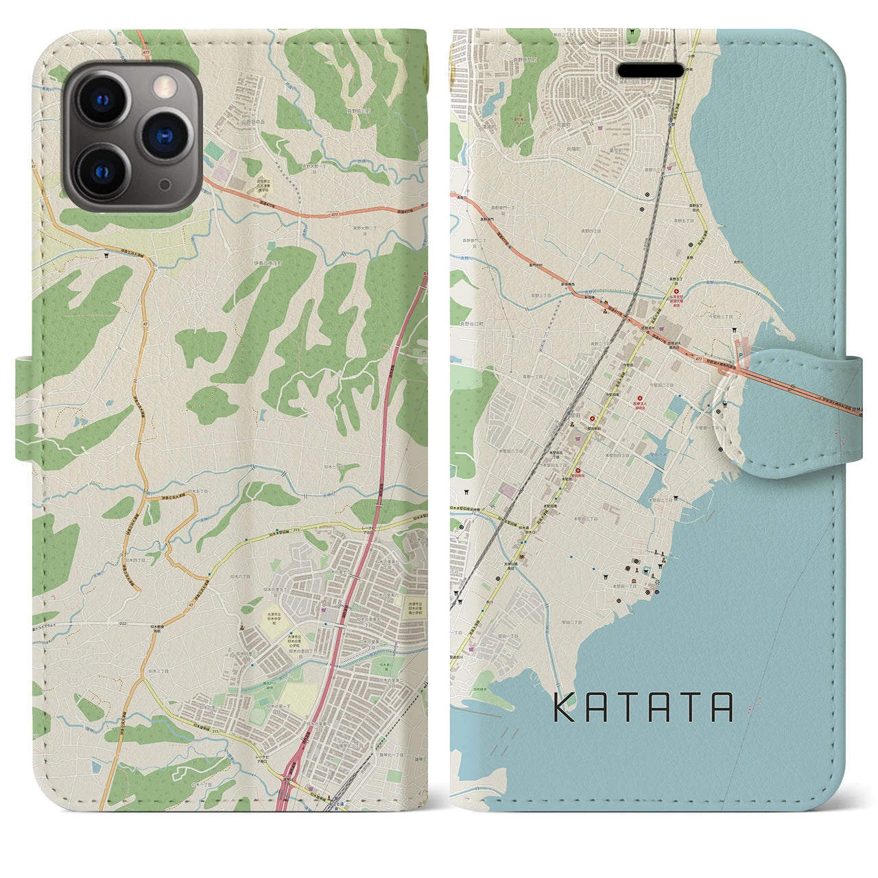 【堅田】地図柄iPhoneケース（手帳両面タイプ・ナチュラル）iPhone 11 Pro Max 用