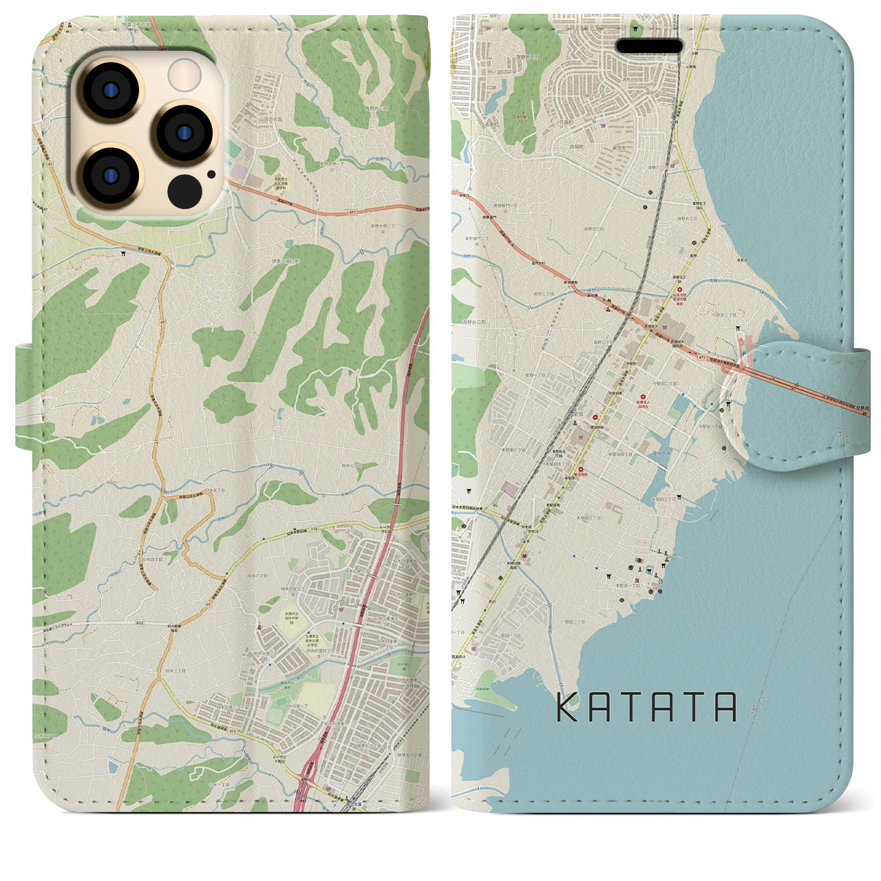 【堅田】地図柄iPhoneケース（手帳両面タイプ・ナチュラル）iPhone 12 Pro Max 用