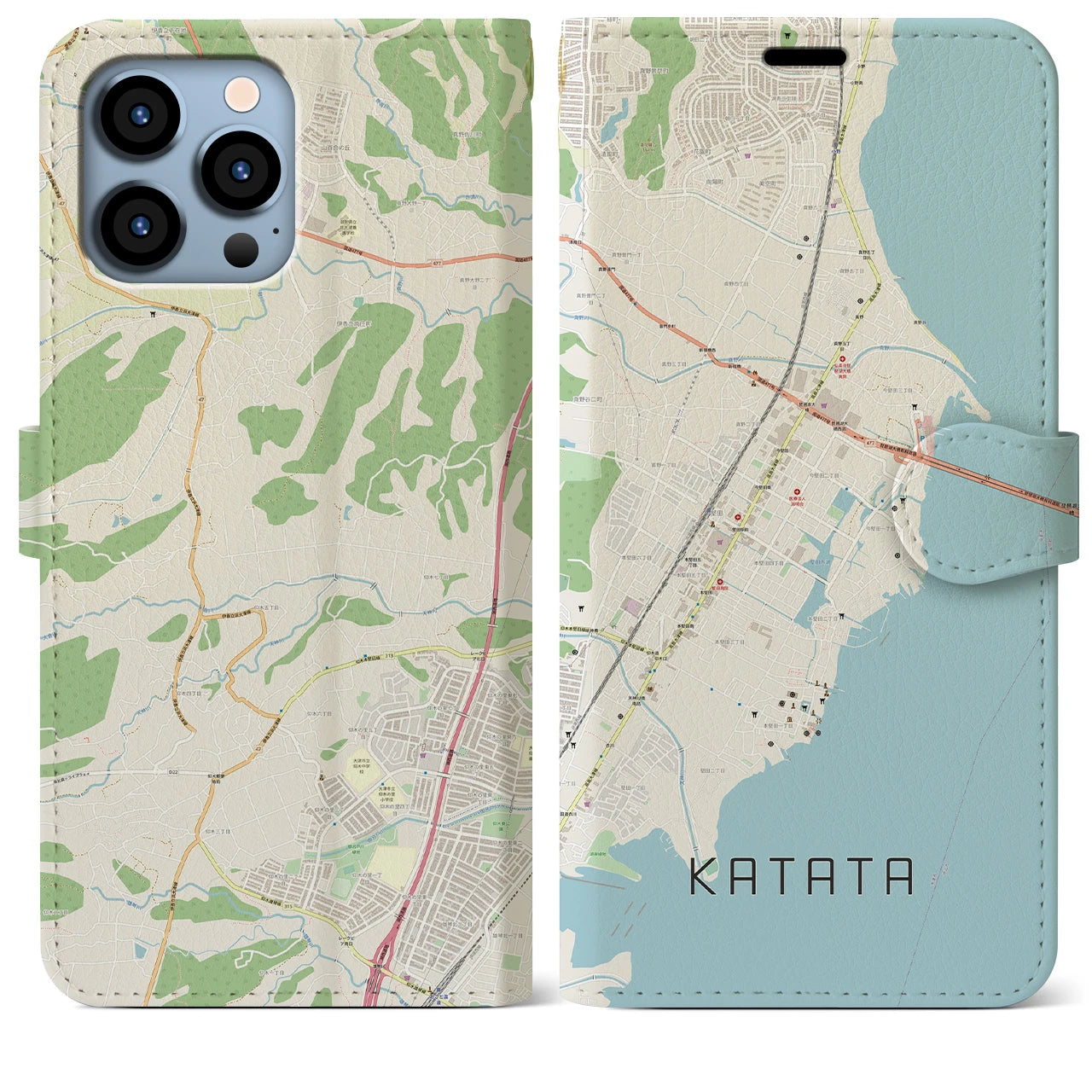 【堅田】地図柄iPhoneケース（手帳両面タイプ・ナチュラル）iPhone 13 Pro Max 用