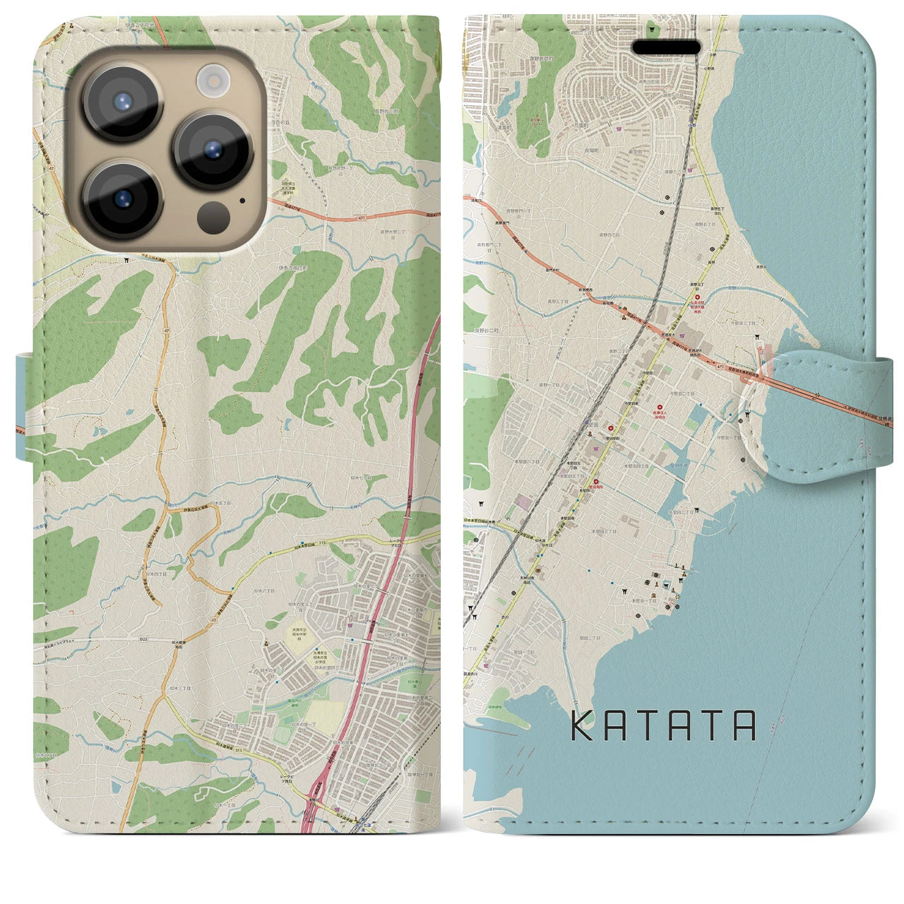 【堅田】地図柄iPhoneケース（手帳両面タイプ・ナチュラル）iPhone 14 Pro Max 用