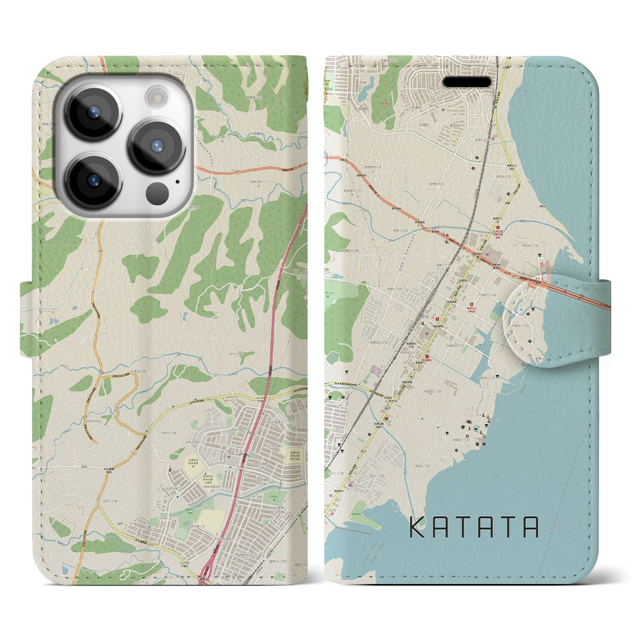 【堅田】地図柄iPhoneケース（手帳両面タイプ・ナチュラル）iPhone 14 Pro 用