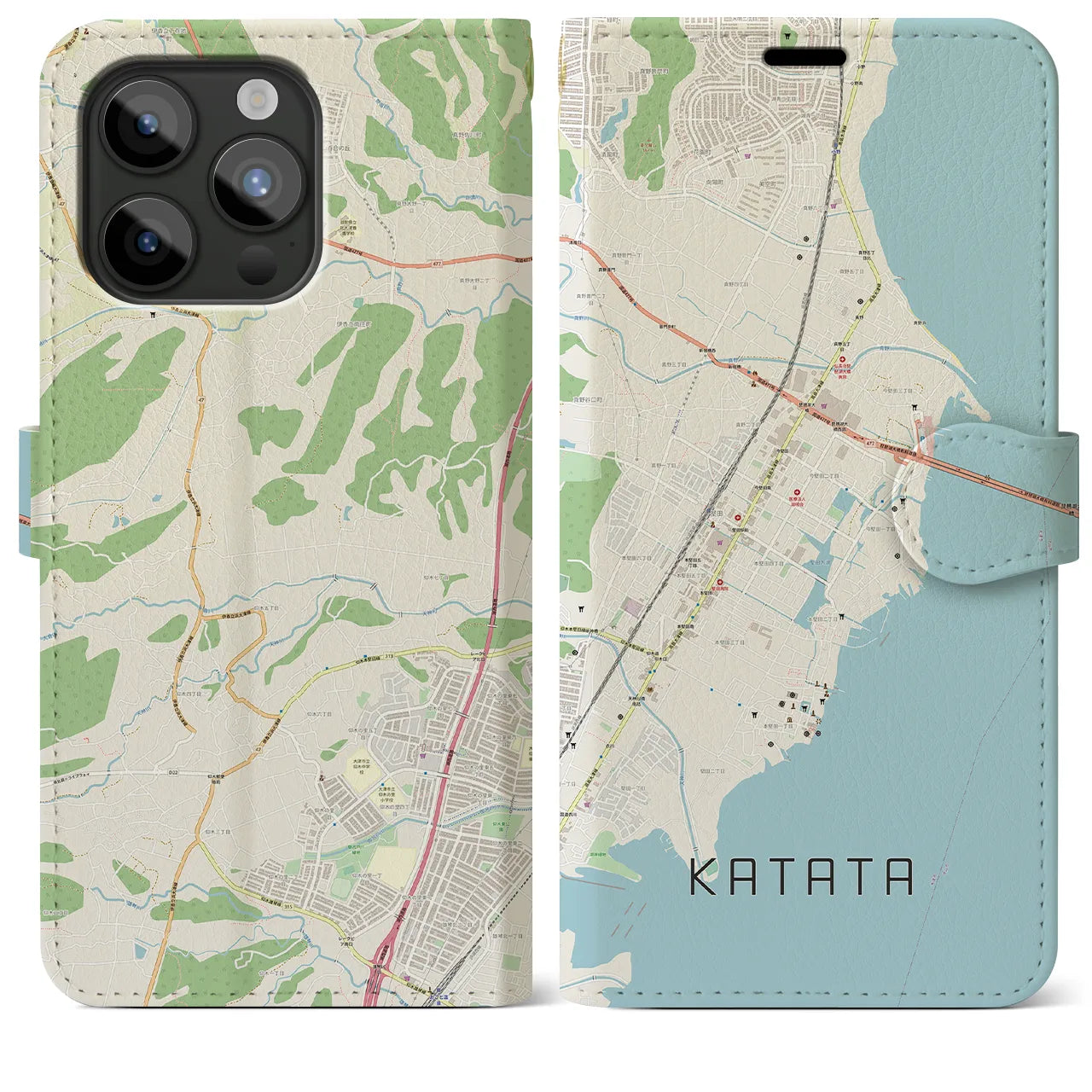 【堅田】地図柄iPhoneケース（手帳両面タイプ・ナチュラル）iPhone 15 Pro Max 用
