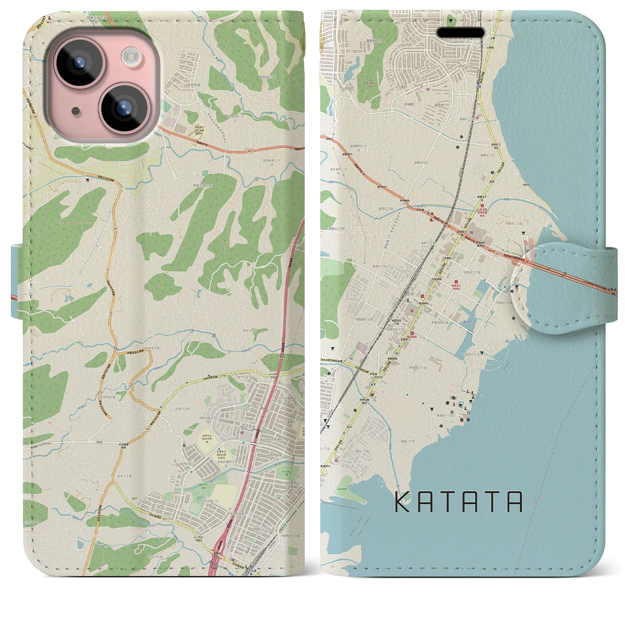 【堅田】地図柄iPhoneケース（手帳両面タイプ・ナチュラル）iPhone 15 Plus 用