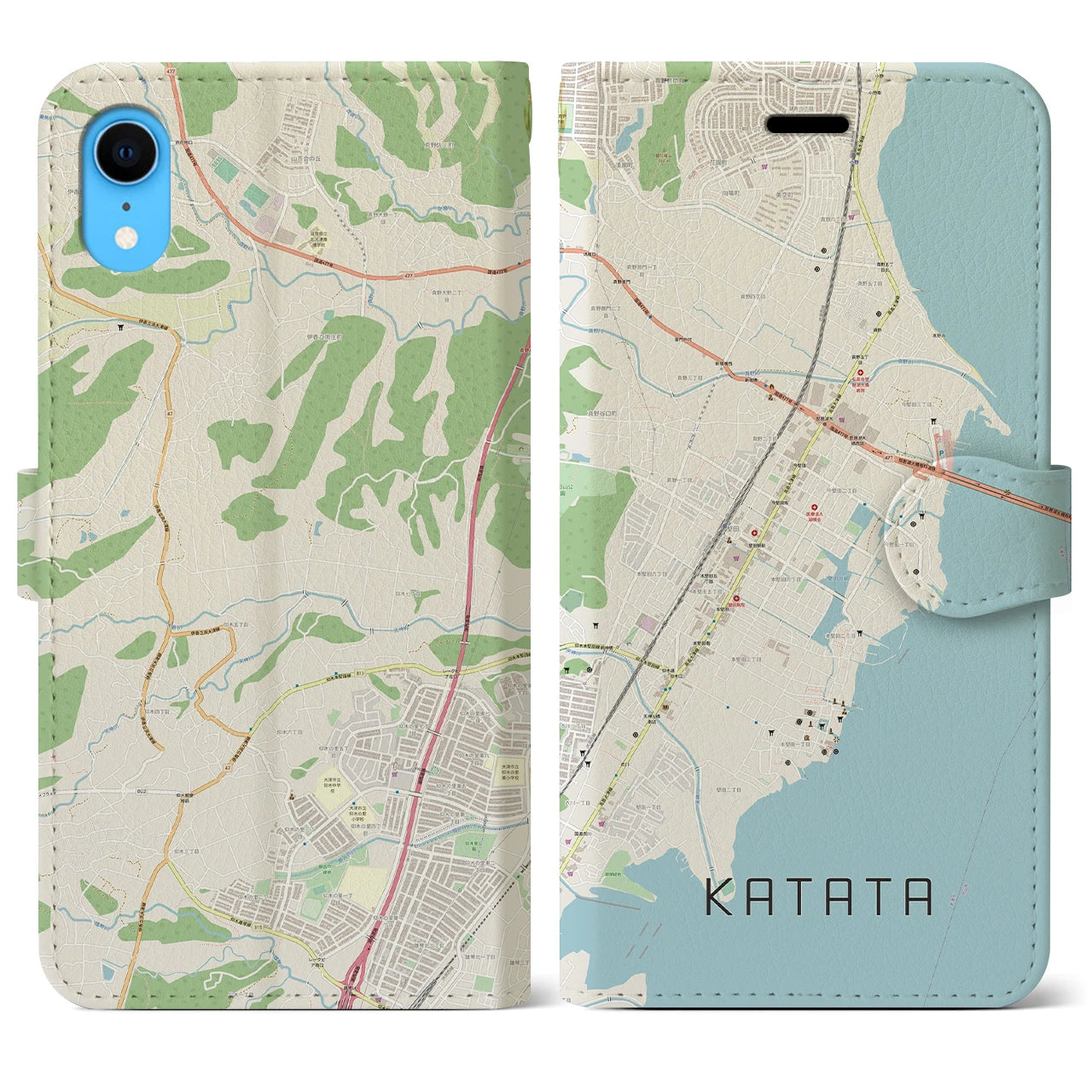 【堅田】地図柄iPhoneケース（手帳両面タイプ・ナチュラル）iPhone XR 用