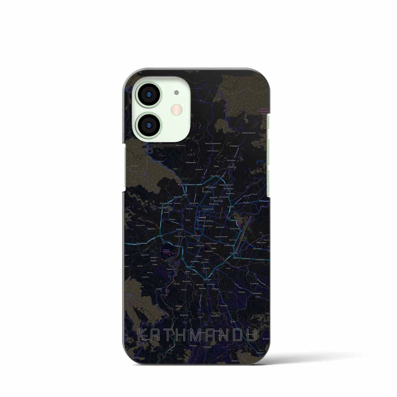 【カトマンズ】地図柄iPhoneケース（バックカバータイプ・ブラック）iPhone 12 mini 用