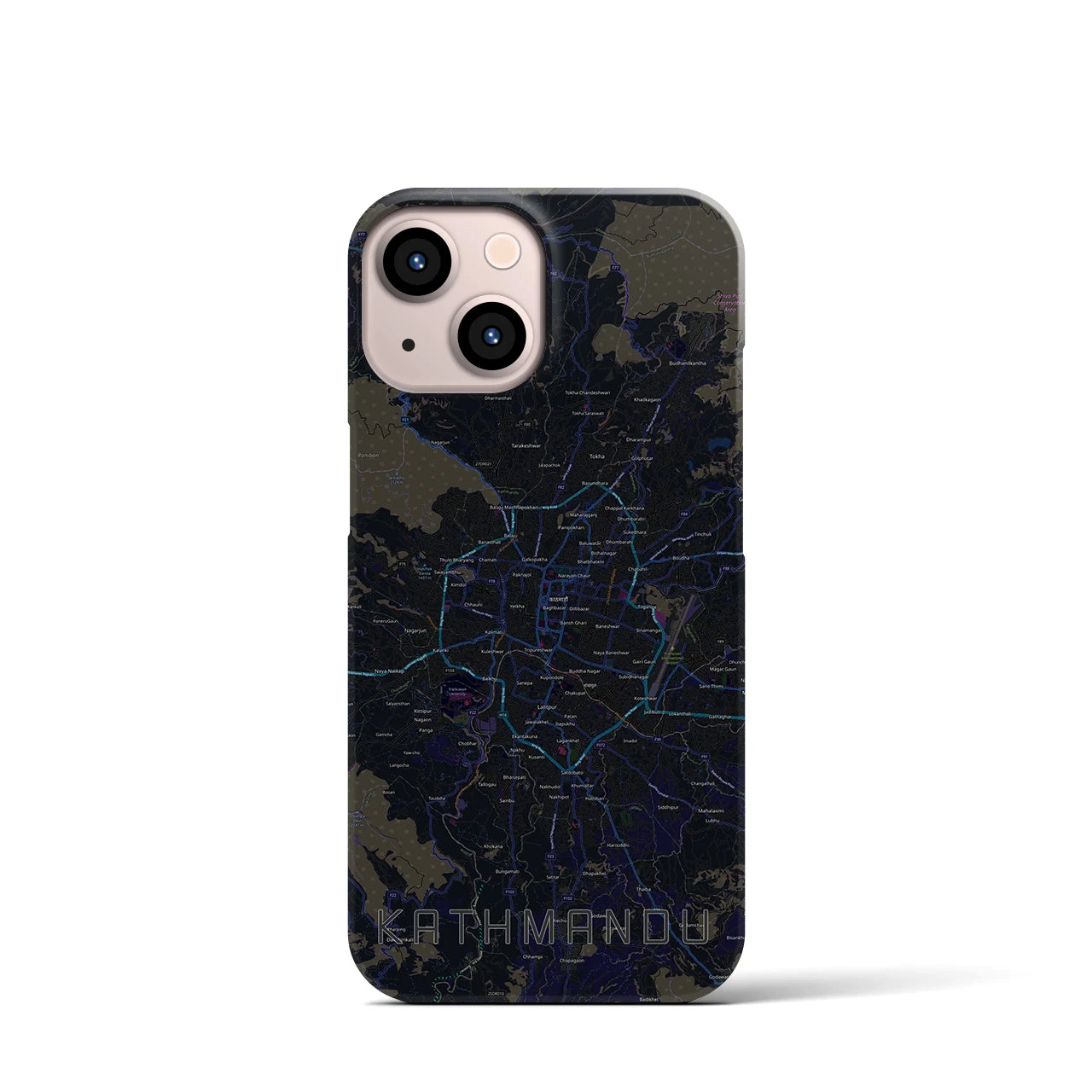 【カトマンズ】地図柄iPhoneケース（バックカバータイプ・ブラック）iPhone 13 mini 用