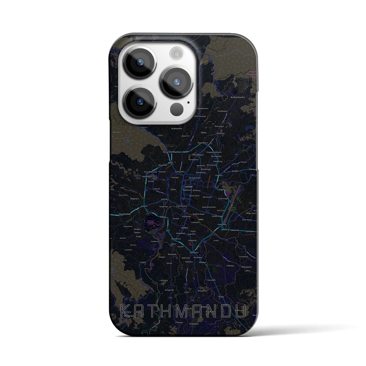 【カトマンズ】地図柄iPhoneケース（バックカバータイプ・ブラック）iPhone 14 Pro 用