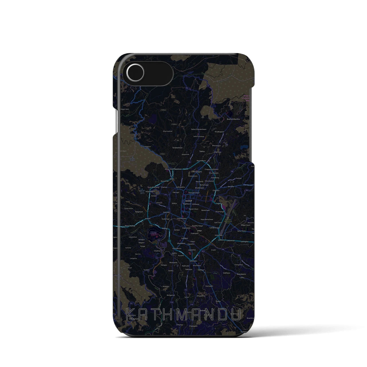 【カトマンズ】地図柄iPhoneケース（バックカバータイプ・ブラック）iPhone SE（第3 / 第2世代） / 8 / 7 / 6s / 6 用