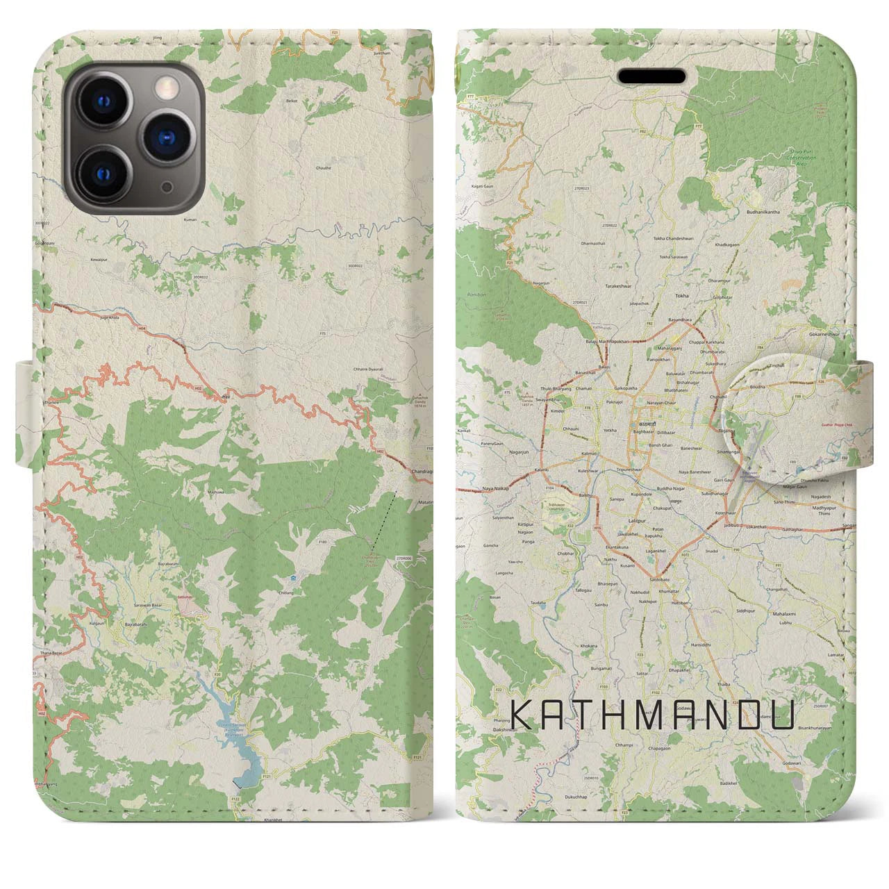 【カトマンズ】地図柄iPhoneケース（手帳両面タイプ・ナチュラル）iPhone 11 Pro Max 用