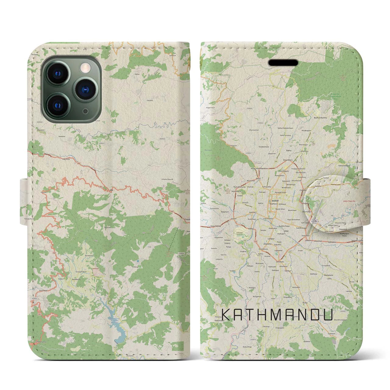 【カトマンズ】地図柄iPhoneケース（手帳両面タイプ・ナチュラル）iPhone 11 Pro 用