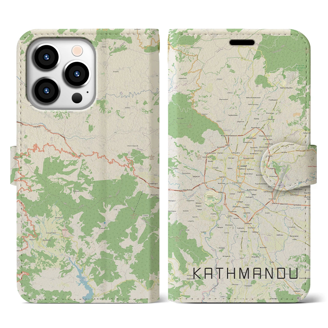 【カトマンズ】地図柄iPhoneケース（手帳両面タイプ・ナチュラル）iPhone 13 Pro 用